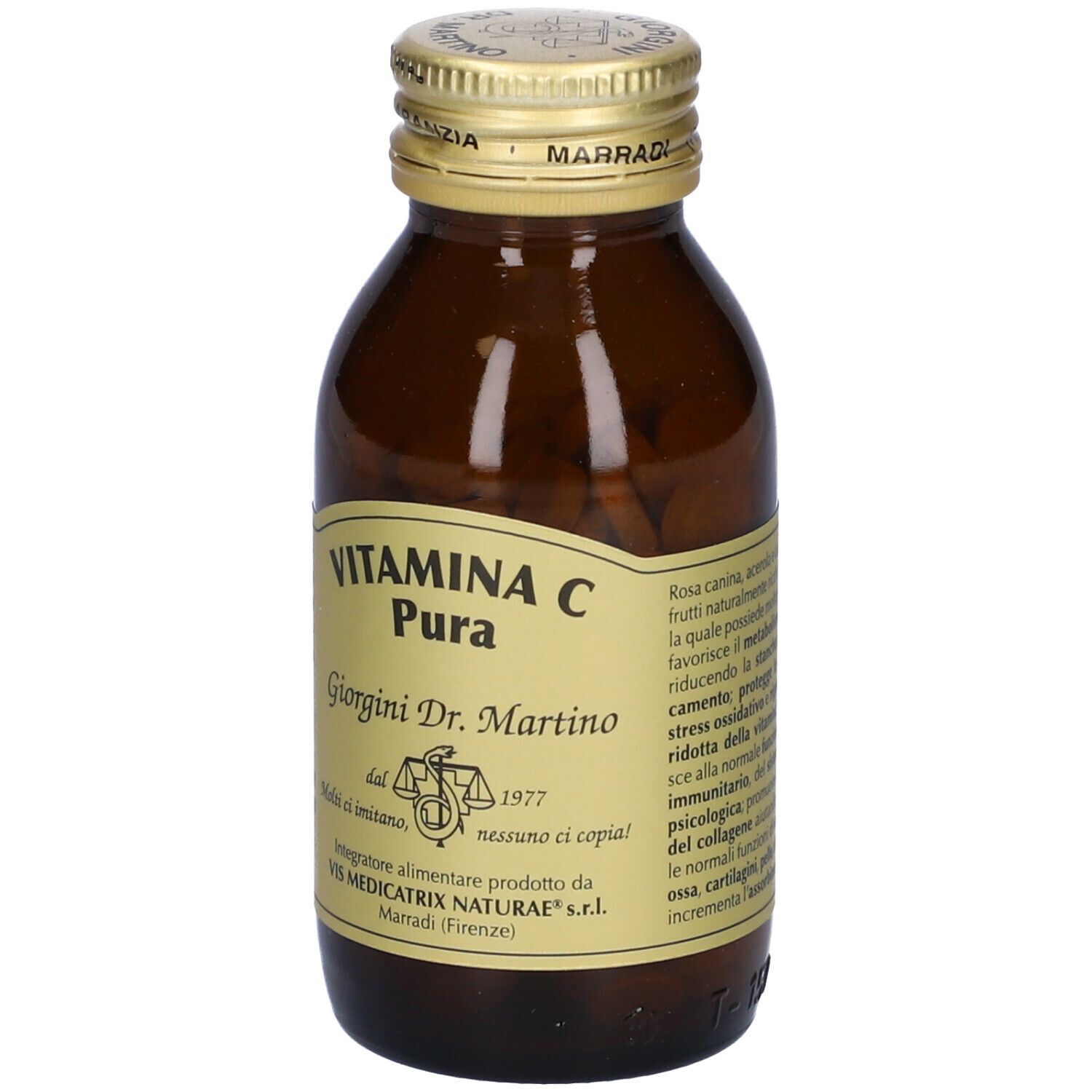 Braune Glasflasche mit goldfarbenem Deckel. Etikett: VITAMINA C Pura, Giorgini Dr. Martino. Rückseite mit Text.