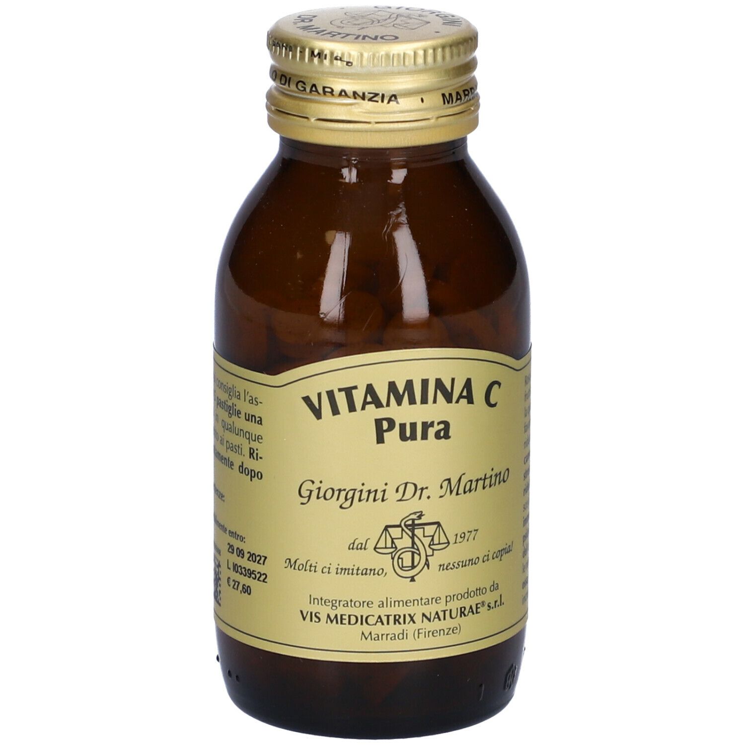 Braune Glasflasche mit goldfarbenem Deckel. Etikett: VITAMINA C Pura, Giorgini Dr. Martino. Rückseite mit Text. 90g.