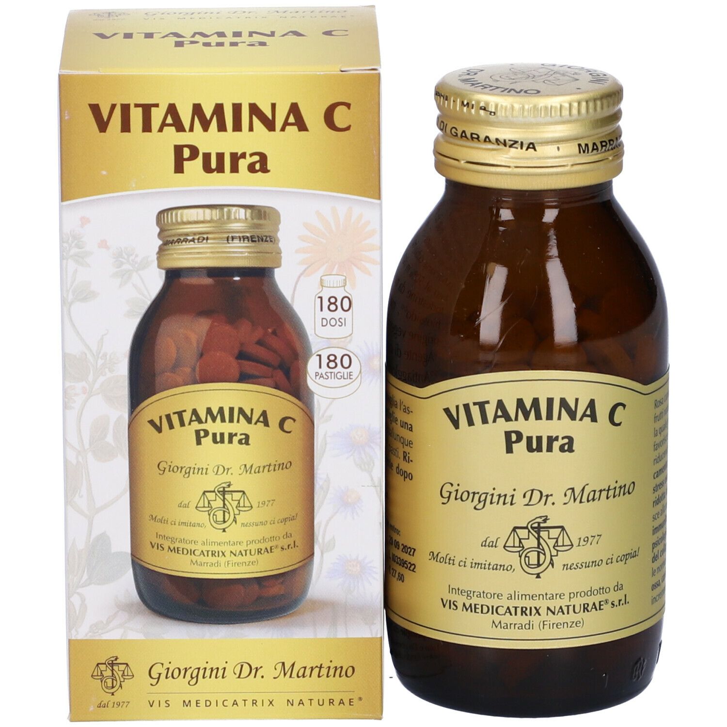 Braune Glasflasche und Karton. Aufschrift: VITAMINA C Pura, Giorgini Dr. Martino. 180 Tabletten.
