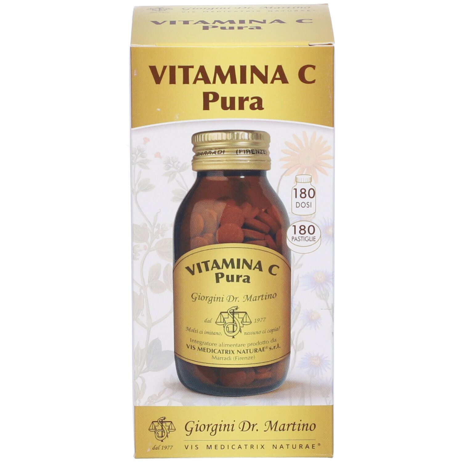Karton mit Aufschrift: VITAMINA C Pura, Giorgini Dr. Martino. Enthält eine Flasche mit Tabletten. 180 Tabletten.