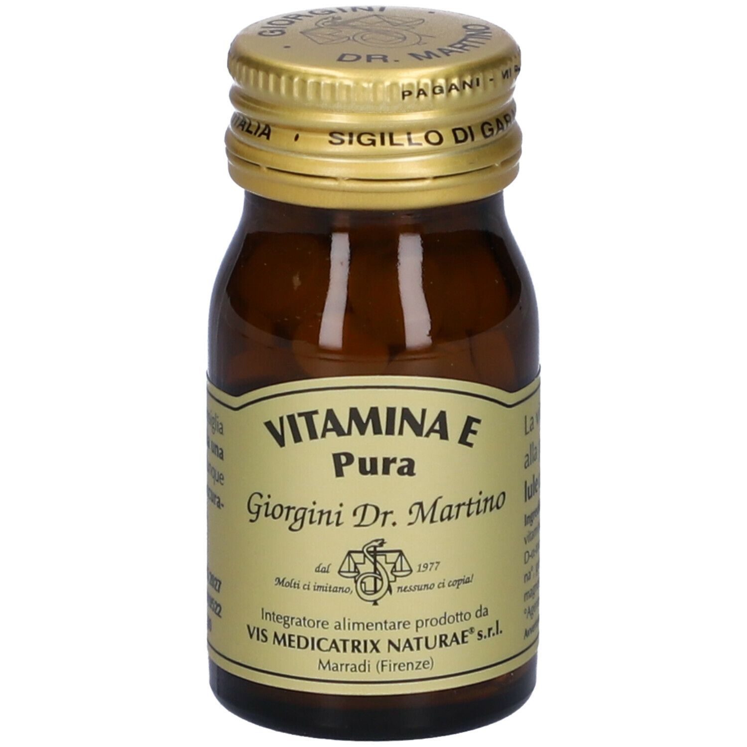 Braune Glasflasche mit goldfarbenem Deckel. Aufschrift: VITAMINA E Pura, Giorgini Dr. Martino. Etikett mit Produktinformationen.
