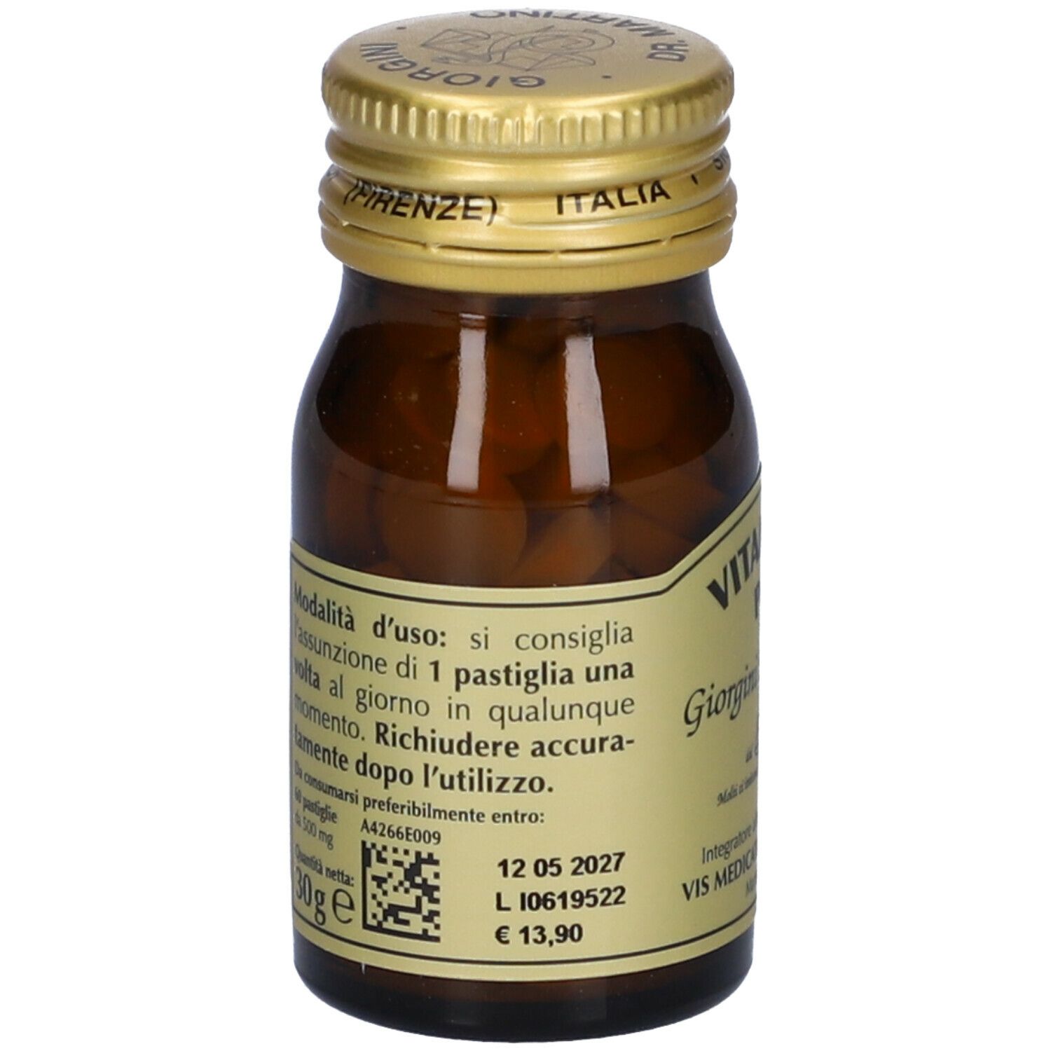 Braune Glasflasche mit goldfarbenem Deckel. Aufschrift: VITAMINA E Pura, Giorgini Dr. Martino. Rückseite mit Produktinformationen.
