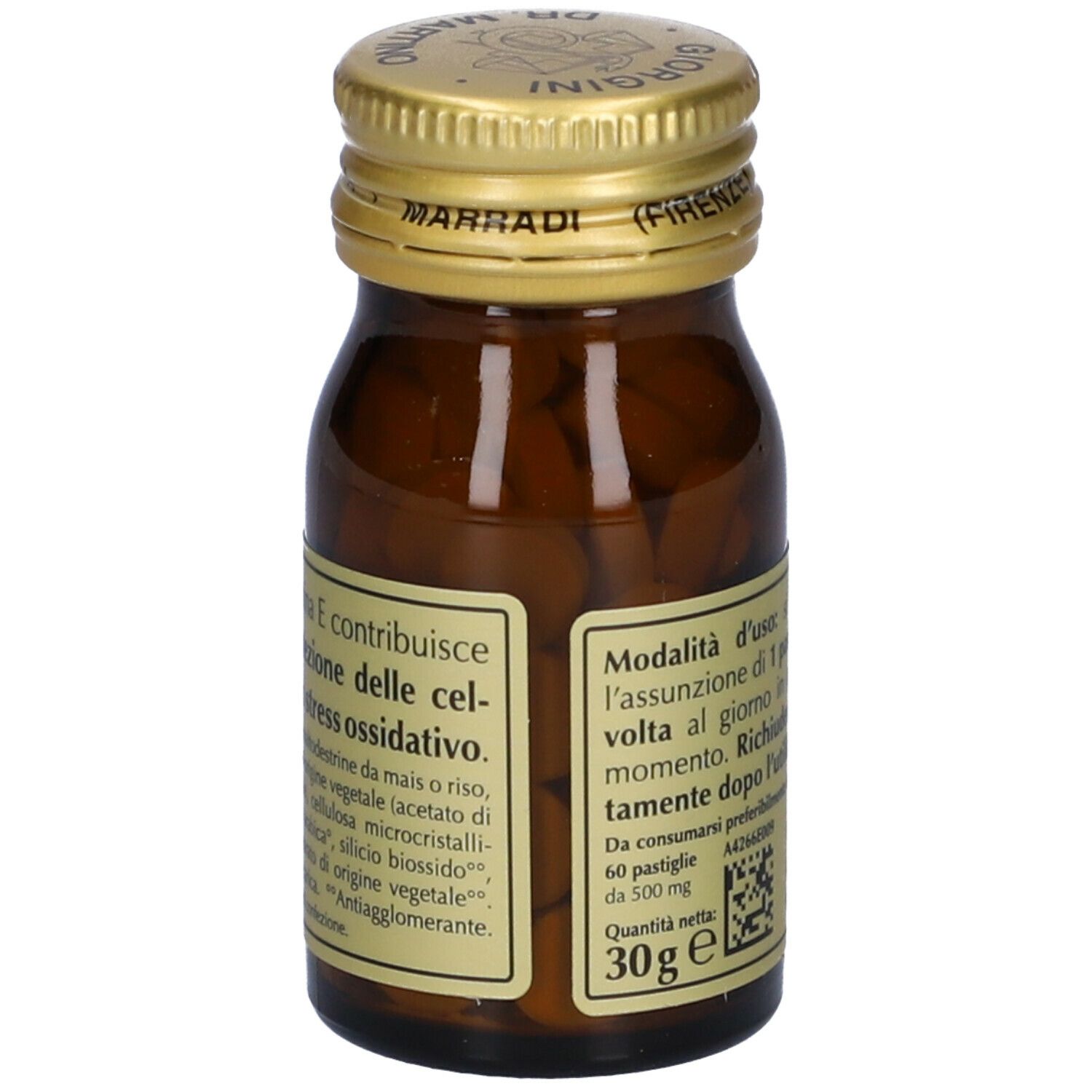 Braune Glasflasche mit goldfarbenem Deckel. Aufschrift: VITAMINA E Pura, Giorgini Dr. Martino. Rückseite mit Produktinformationen.