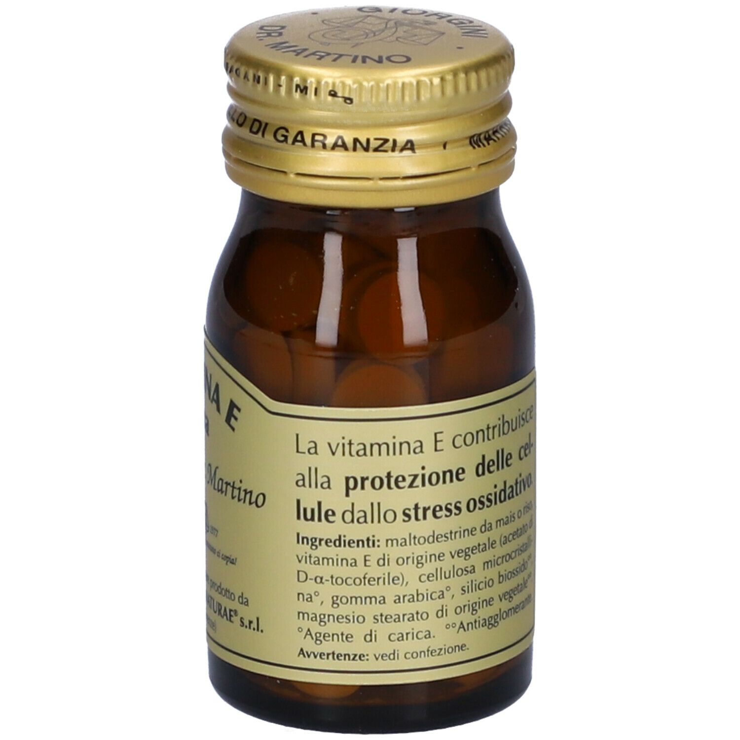 Braune Glasflasche mit goldfarbenem Deckel. Aufschrift: VITAMINA E Pura, Giorgini Dr. Martino. Rückseite mit Produktinformationen.
