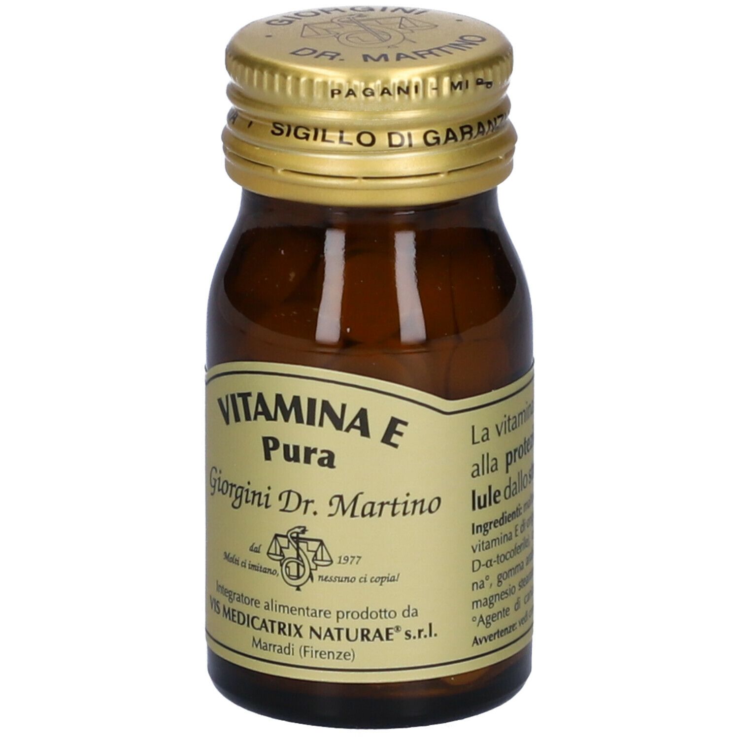 Braune Glasflasche mit goldfarbenem Deckel. Aufschrift: VITAMINA E Pura, Giorgini Dr. Martino. Etikett mit Produktinformationen.