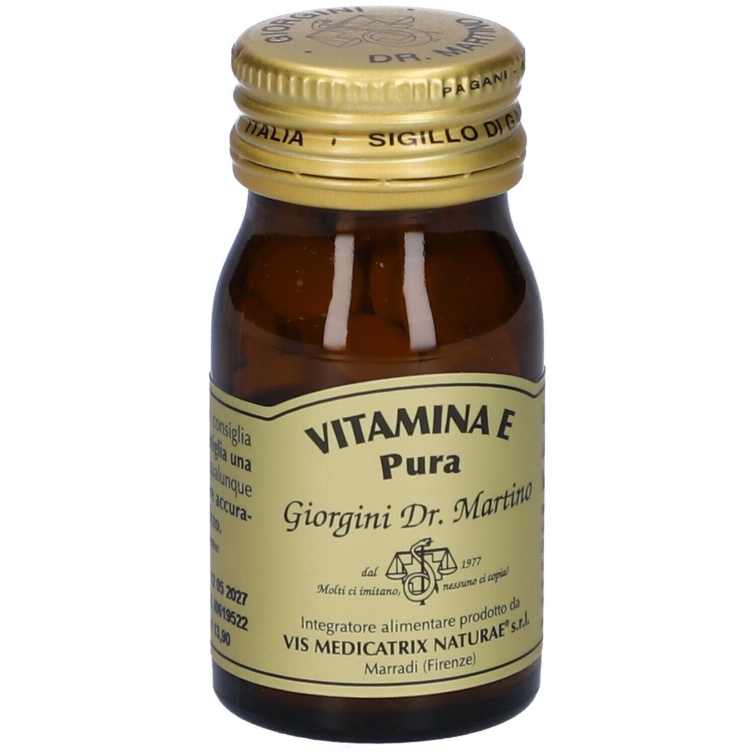 Braune Glasflasche mit goldfarbenem Deckel. Aufschrift: VITAMINA E Pura, Giorgini Dr. Martino. Etikett mit Produktinformationen.