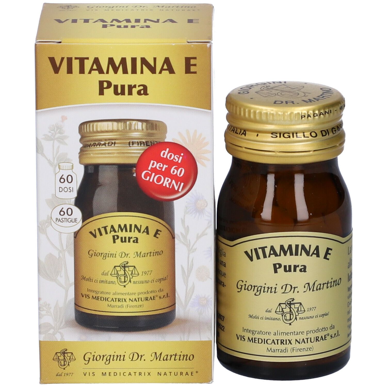 Produktverpackung mit brauner Glasflasche und goldfarbenem Deckel. Aufschrift: VITAMINA E Pura, Giorgini Dr. Martino. 60 Tabletten.