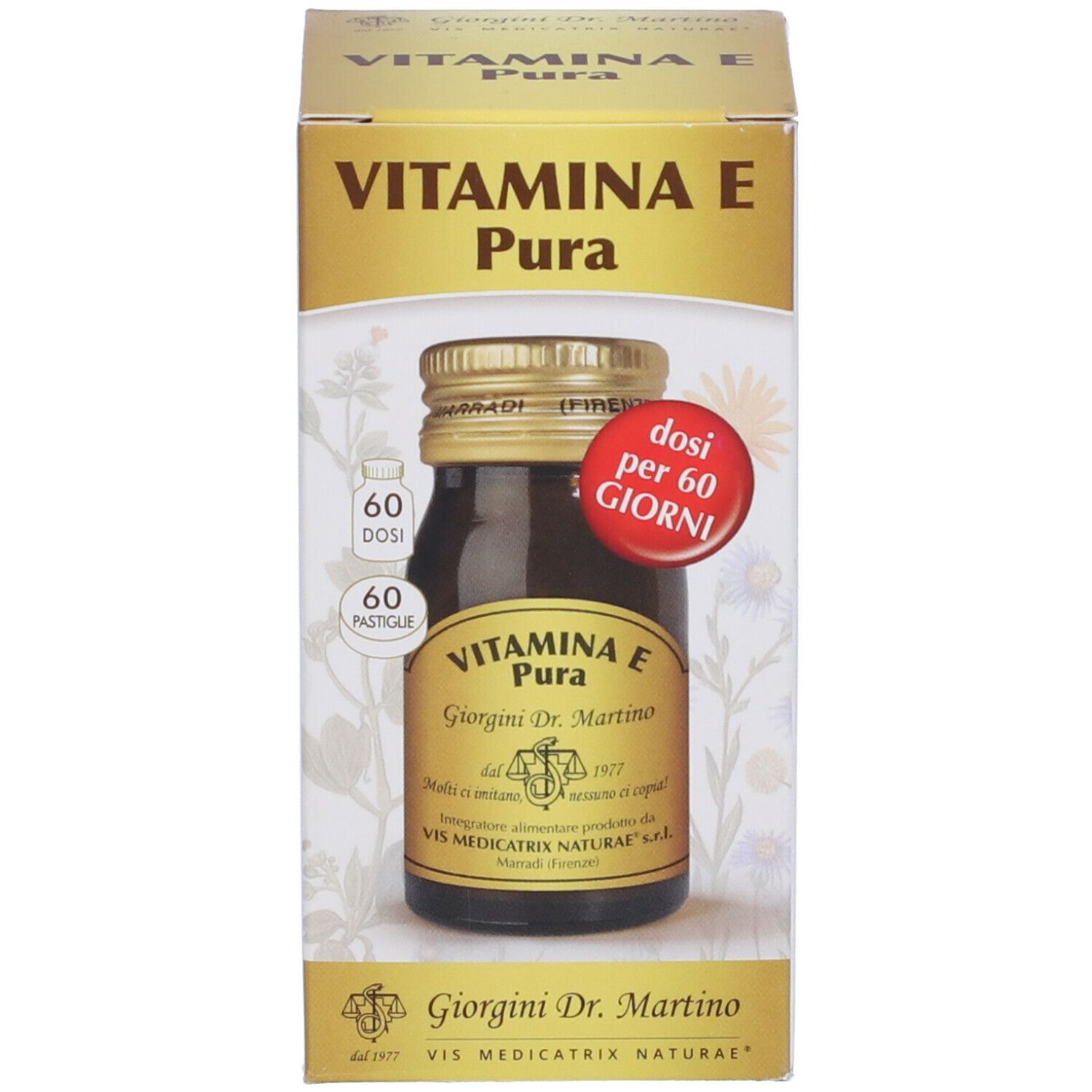 Produktverpackung mit brauner Glasflasche und goldfarbenem Deckel. Aufschrift: VITAMINA E Pura, Giorgini Dr. Martino. 60 Tabletten.