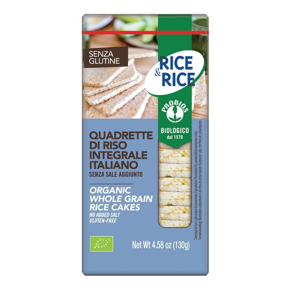 Confezione di gallette di riso. Scritta: « QUADRETTE DI RISO INTEGRALE ITALIANO ». Marchio biologico. Senza glutine, senza sale.