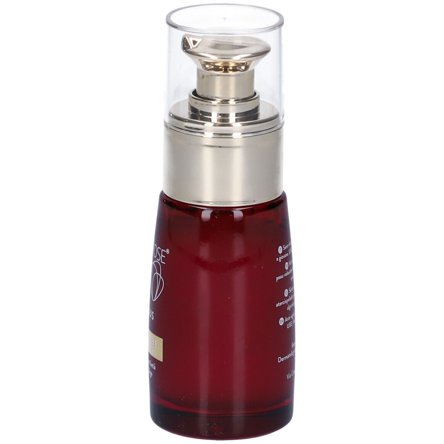Rote Glasflasche mit silbernem Pumpkopf und durchsichtiger Kappe. Aufschrift: INCAROSE, PRECIOUS SERUM.