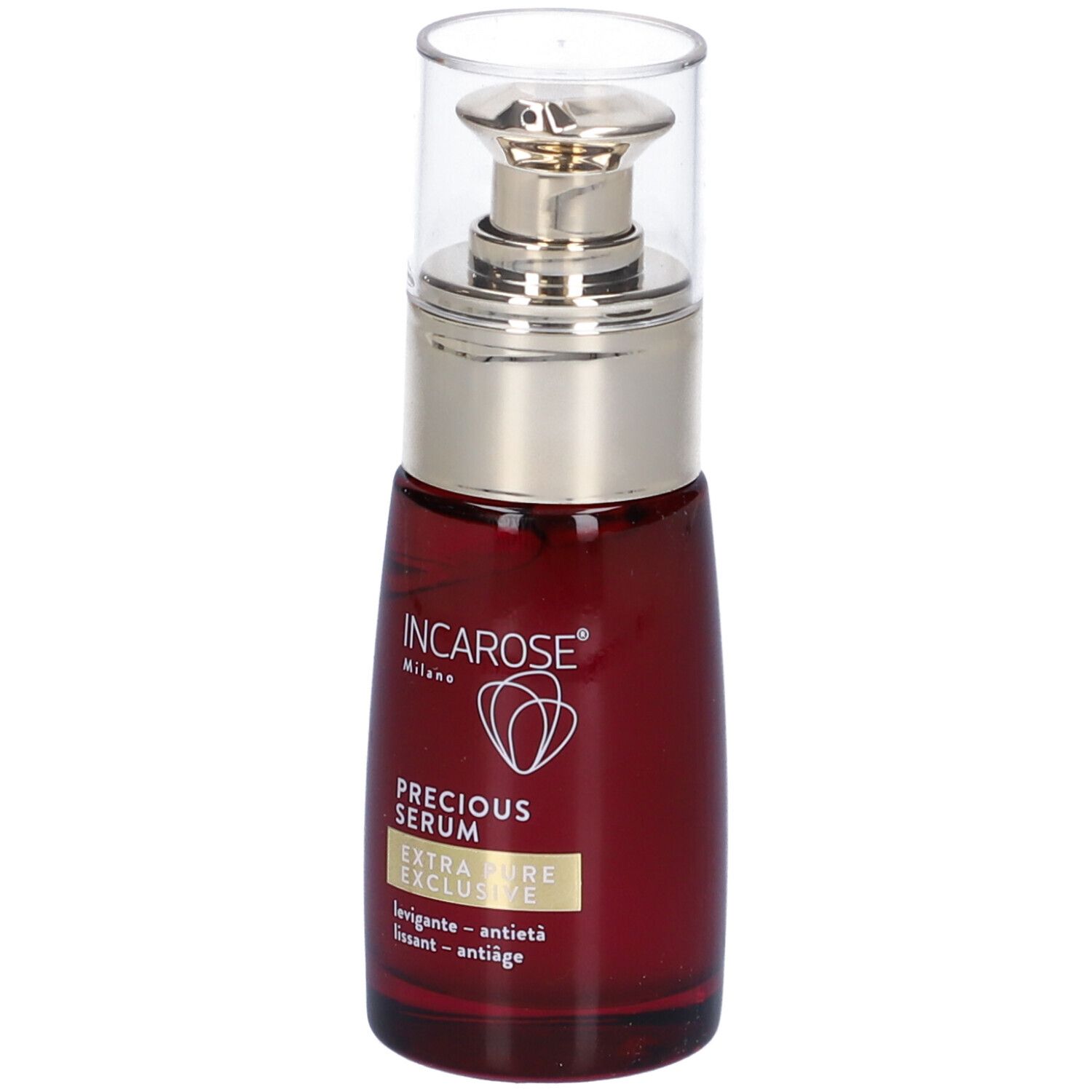 Rote Glasflasche mit silbernem Pumpkopf und durchsichtiger Kappe. Aufschrift: INCAROSE, PRECIOUS SERUM, EXTRA PURE EXCLUSIVE.