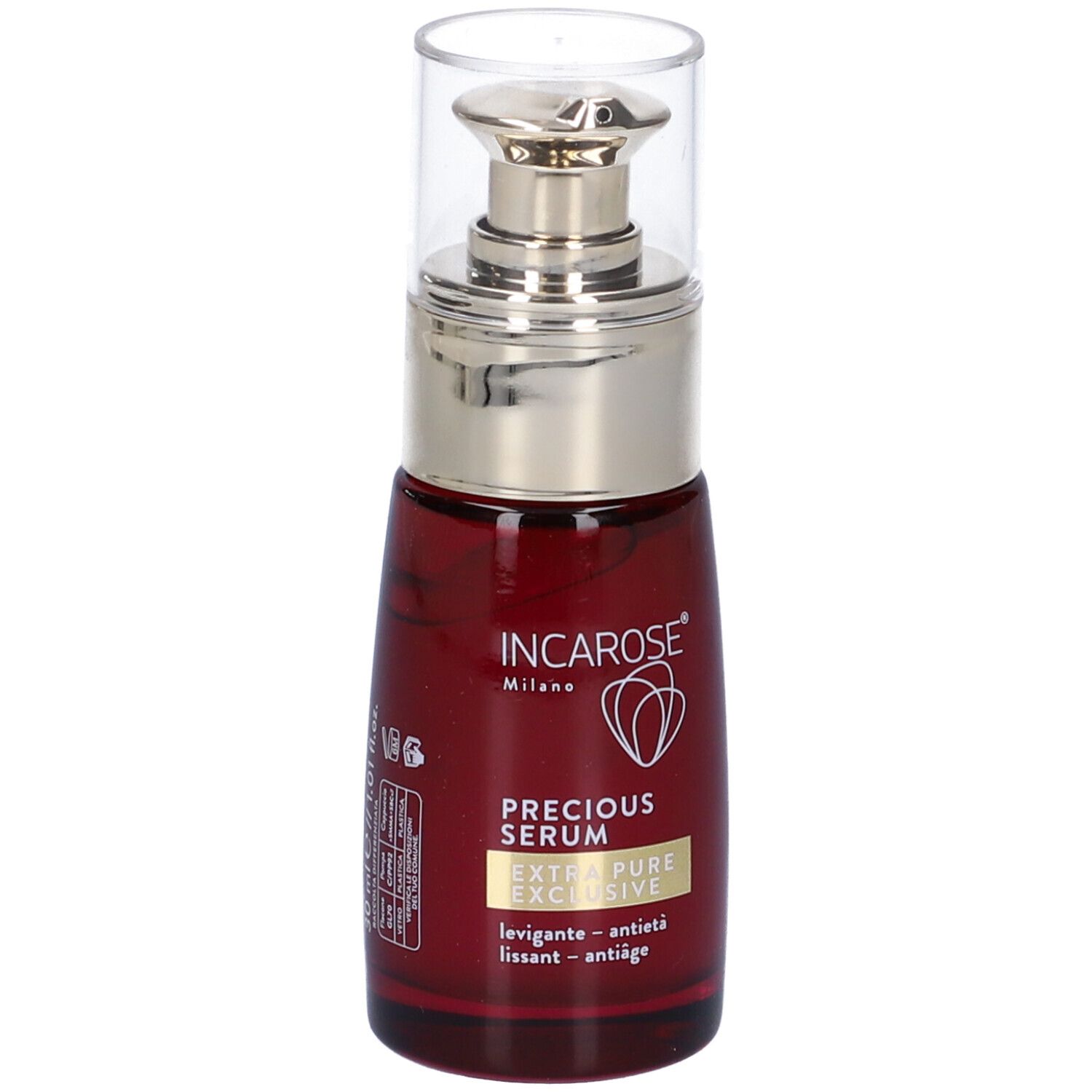 Rote Glasflasche mit silbernem Pumpkopf und durchsichtiger Kappe. Aufschrift: INCAROSE, PRECIOUS SERUM, EXTRA PURE EXCLUSIVE.