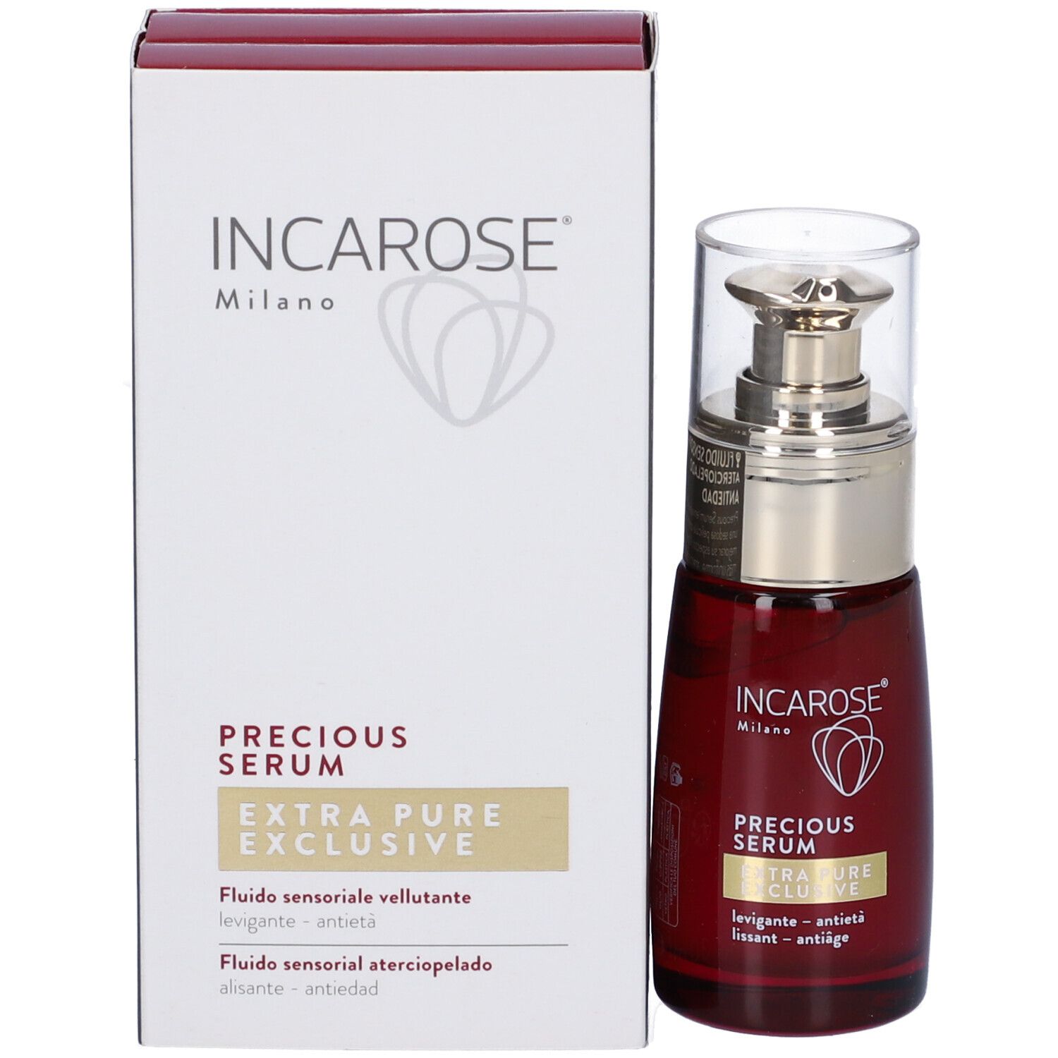 Produktflasche und Verpackung. Aufschrift: INCAROSE, PRECIOUS SERUM, EXTRA PURE EXCLUSIVE. Verpackung weiß mit rotem Deckel.