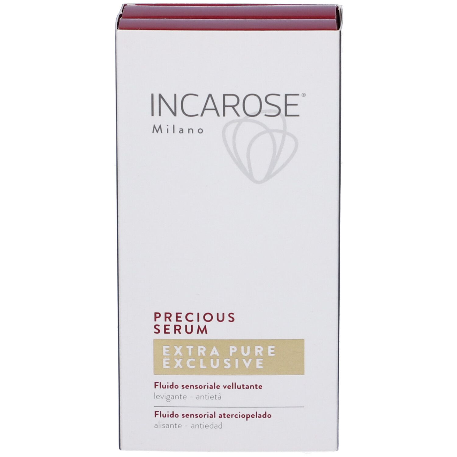 Weiße Produktverpackung mit rotem Deckel. Aufschrift: INCAROSE, PRECIOUS SERUM, EXTRA PURE EXCLUSIVE.