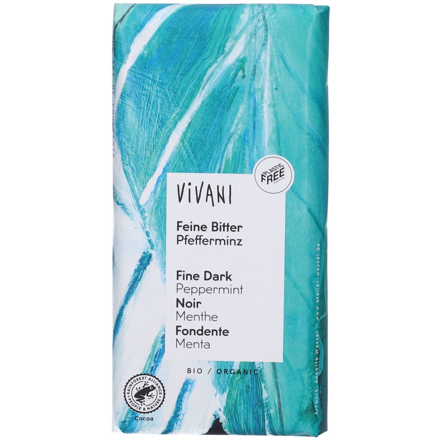 Tavoletta di cioccolato con confezione verde. Scritta: Vivani, Feine Bitter Pfefferminz, Fine Dark Peppermint, Noir Menthe, Fondente Menta.