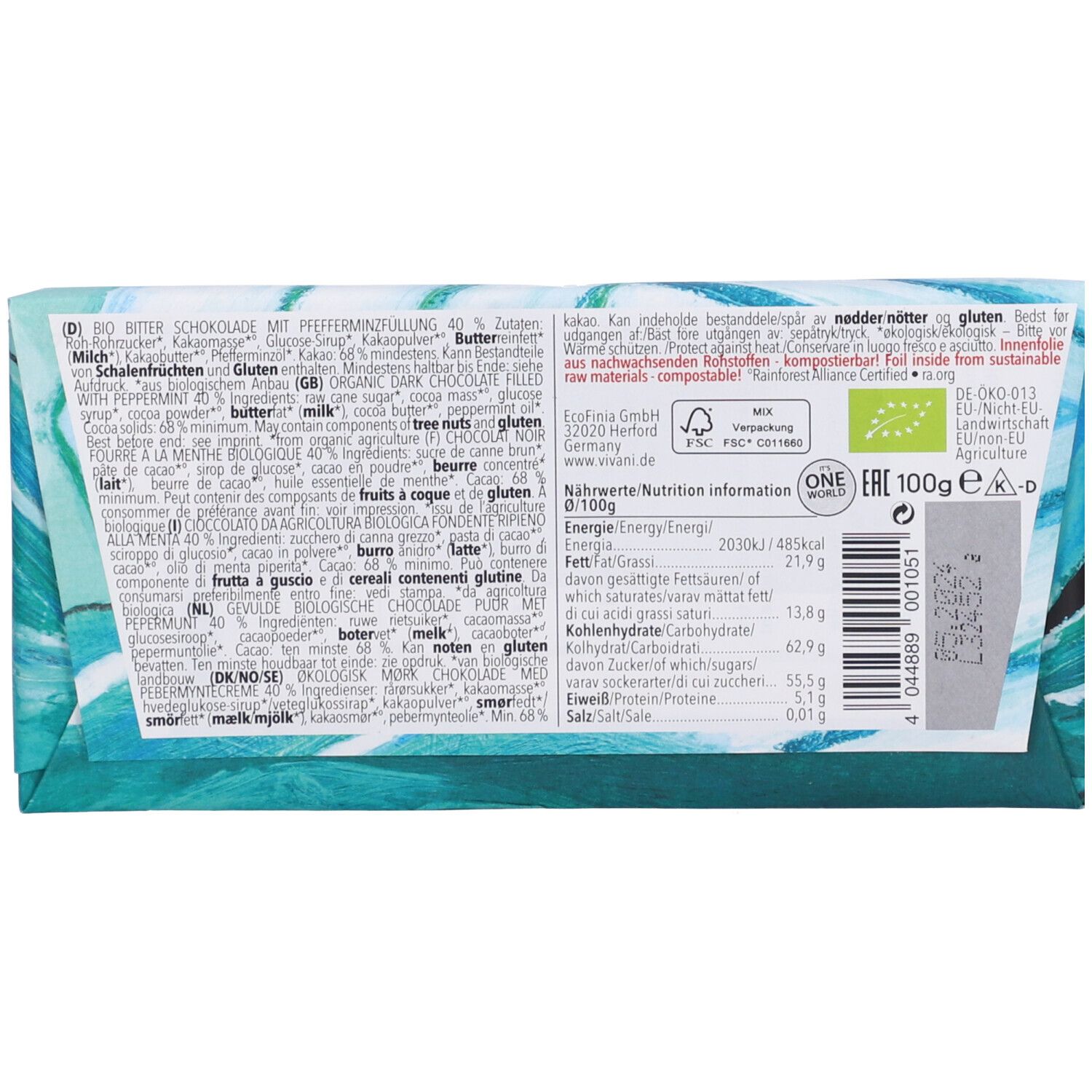 Retro della confezione di cioccolato con testo e informazioni nutrizionali. Scritta: Bio, ingredienti, valori nutrizionali, 100g.
