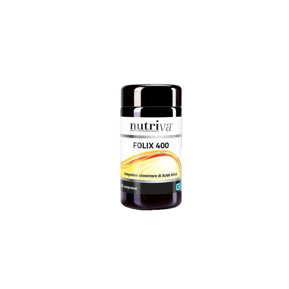 Barattolo nero con etichetta bianca. Scritta: Nutriva Folix 400. Integratore alimentare con acido folico.