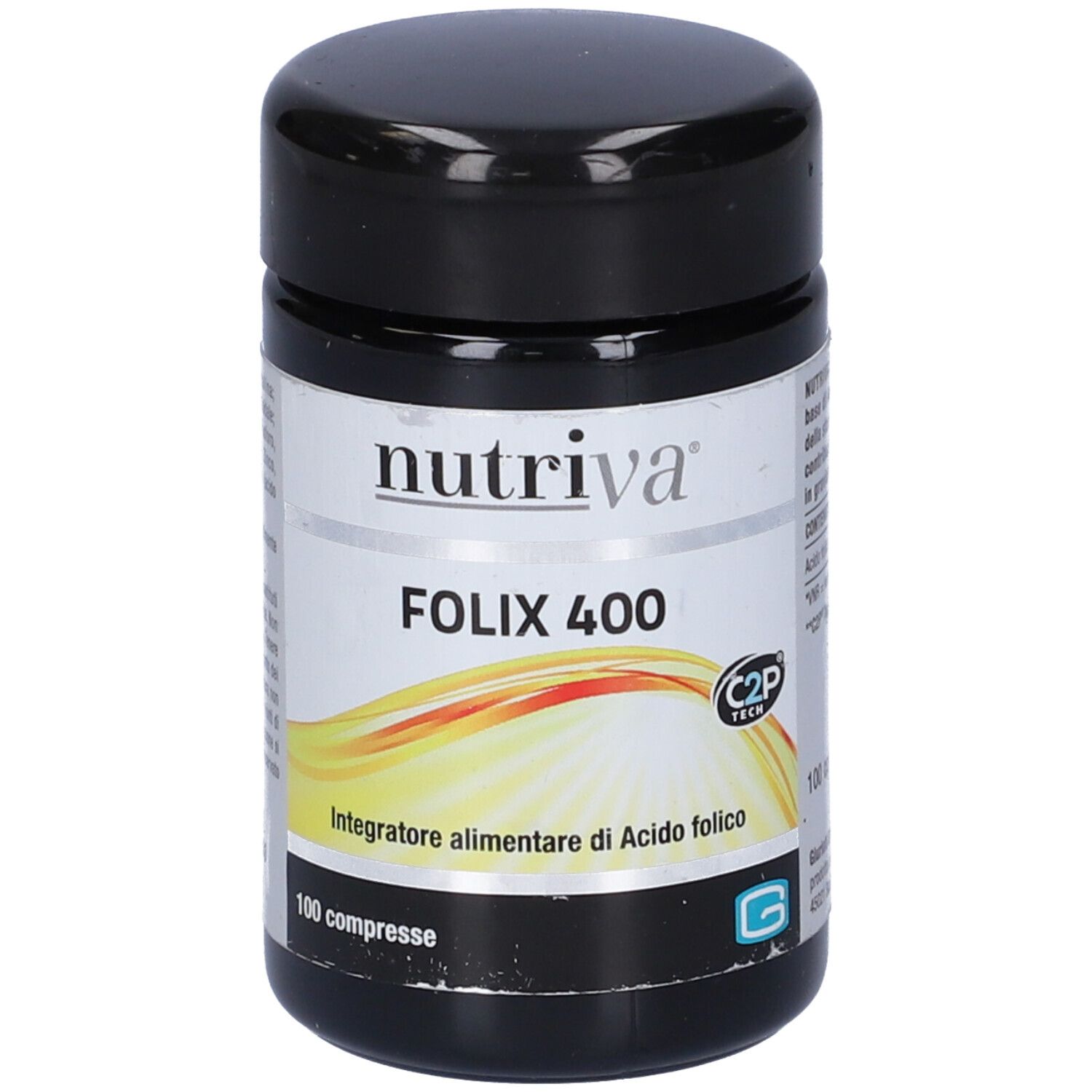 Barattolo nero con etichetta bianca. Scritta: Nutriva Folix 400, 100 compresse. Integratore alimentare.