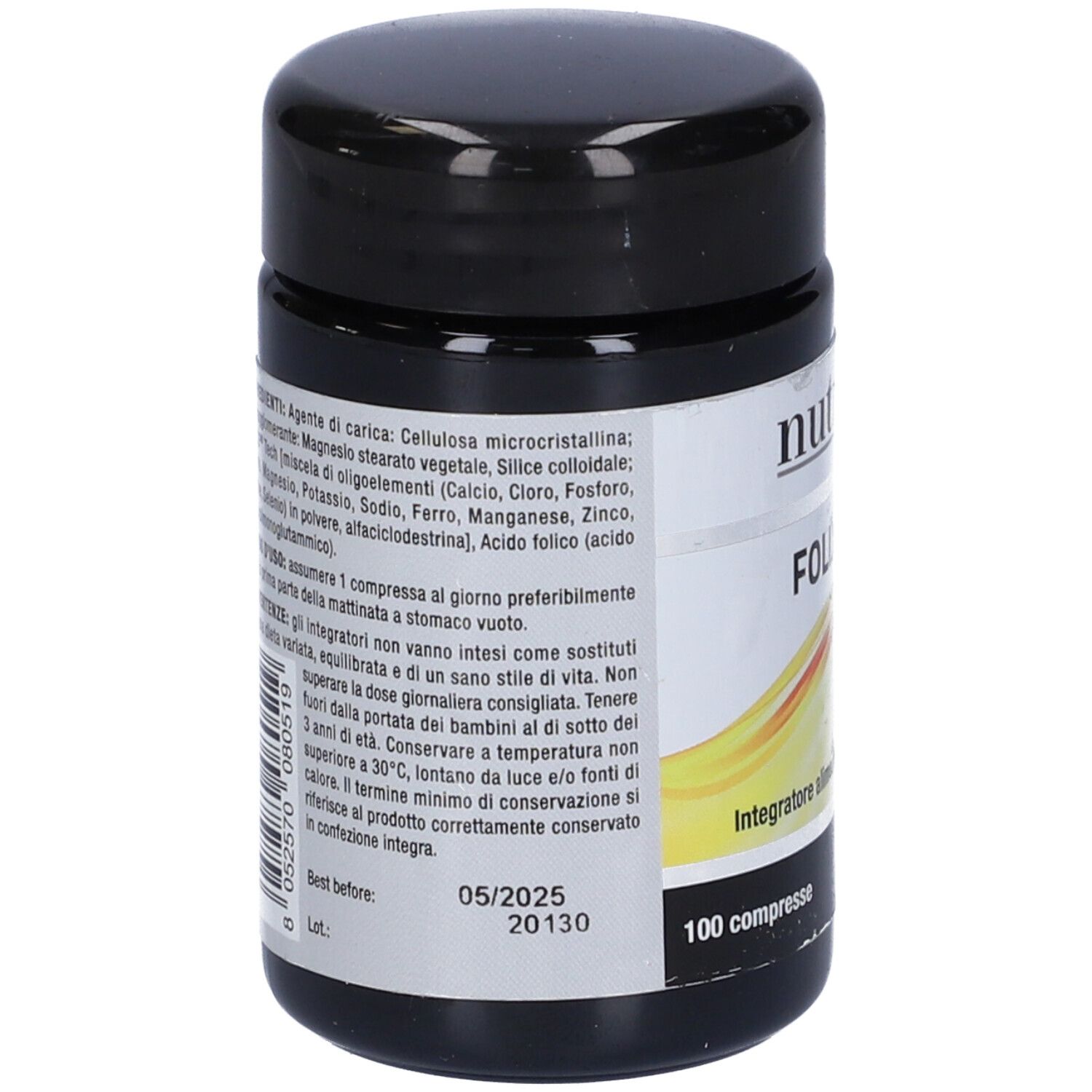 Barattolo nero con etichetta bianca. Scritta: Nutriva Folix 400, 100 compresse. Ingredienti sul retro.