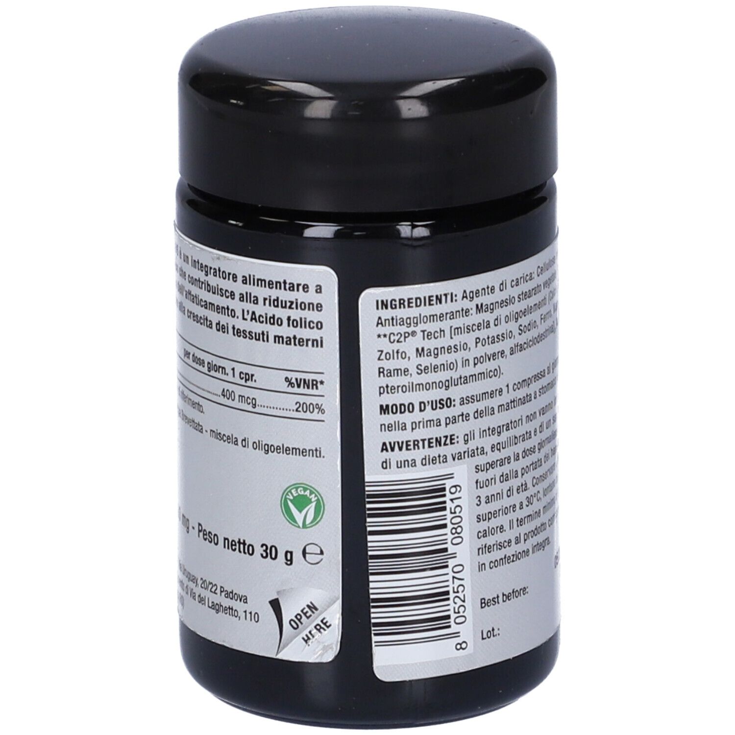 Barattolo nero con etichetta bianca. Scritta: Nutriva Folix 400. Ingredienti e istruzioni per l'uso.