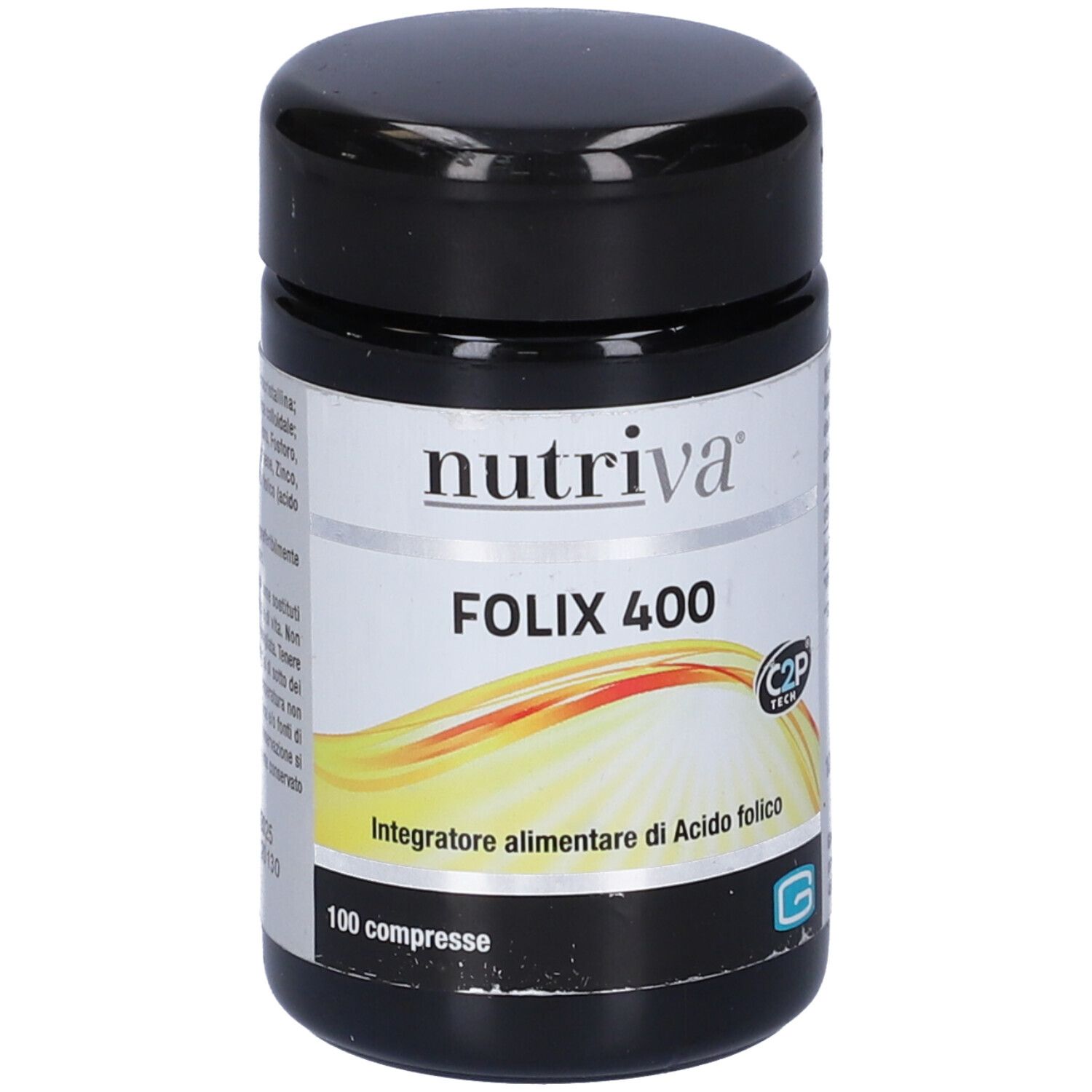 Barattolo nero con etichetta bianca. Scritta: Nutriva Folix 400, 100 compresse. Sigillo vegano.