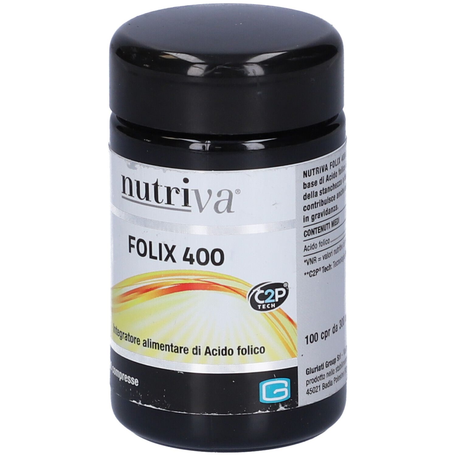 Barattolo nero con etichetta bianca. Scritta: Nutriva Folix 400, 100 compresse. Logo C2P Tech.