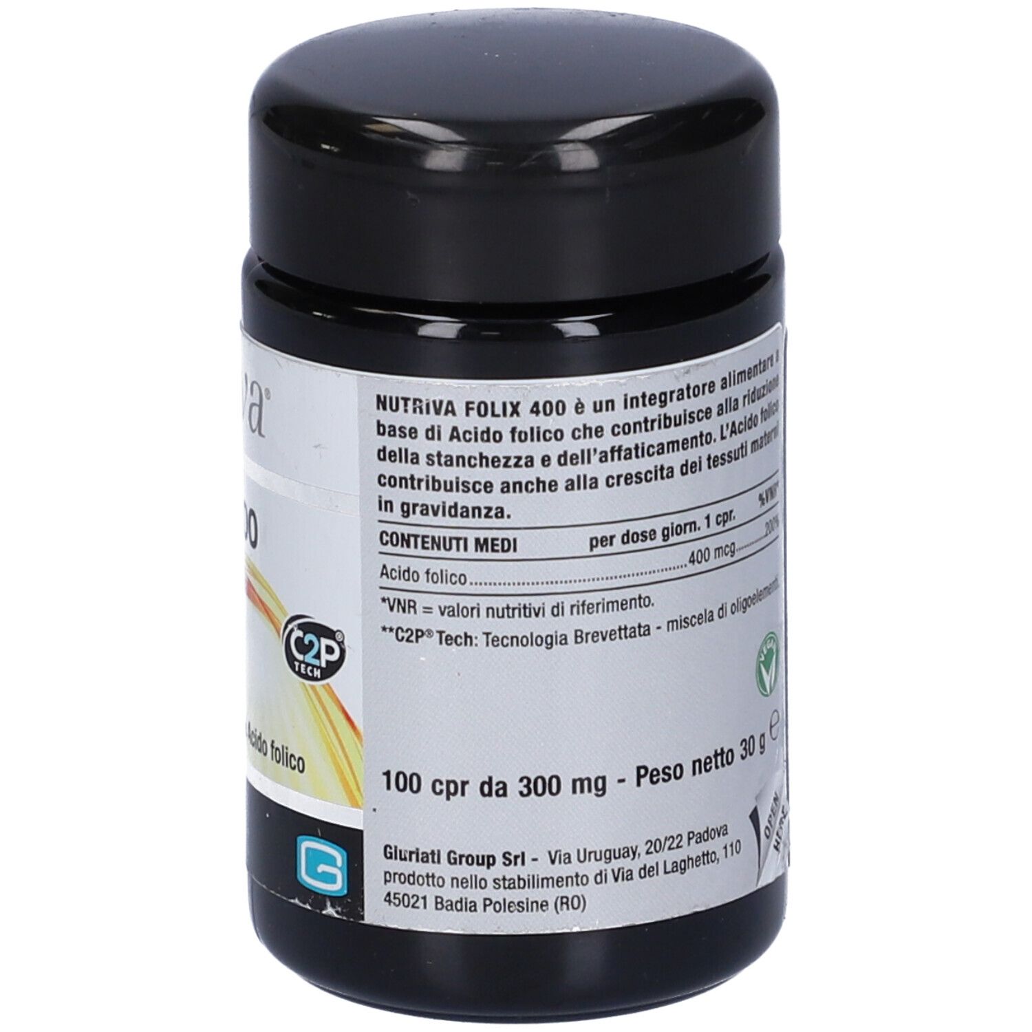 Barattolo nero con etichetta bianca. Scritta: Nutriva Folix 400, 100 compresse. Informazioni nutrizionali.