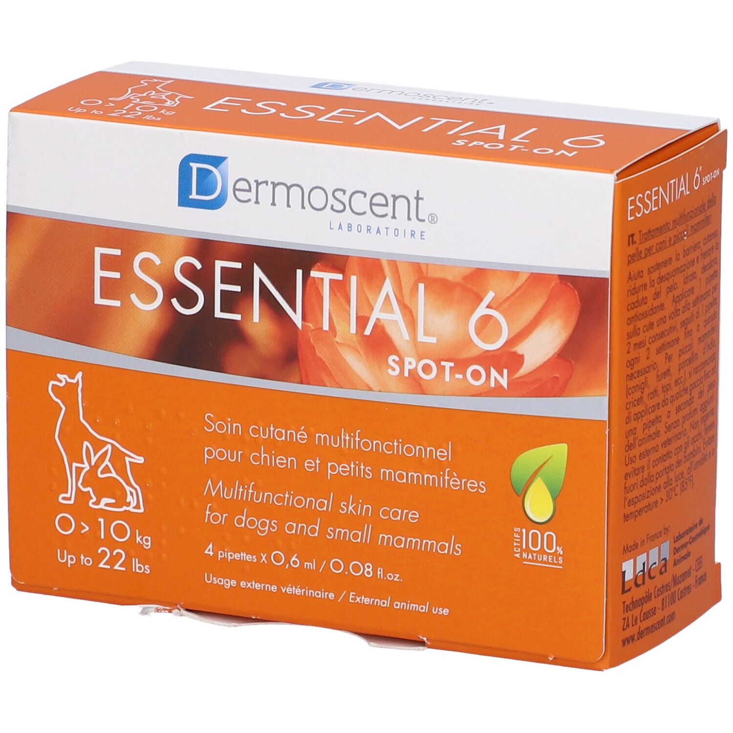 Confezione arancione di Essential 6 Spot-On. Contiene 4 pipette. Testo: Dermoscent, Essential 6, per cani e piccoli mammiferi.