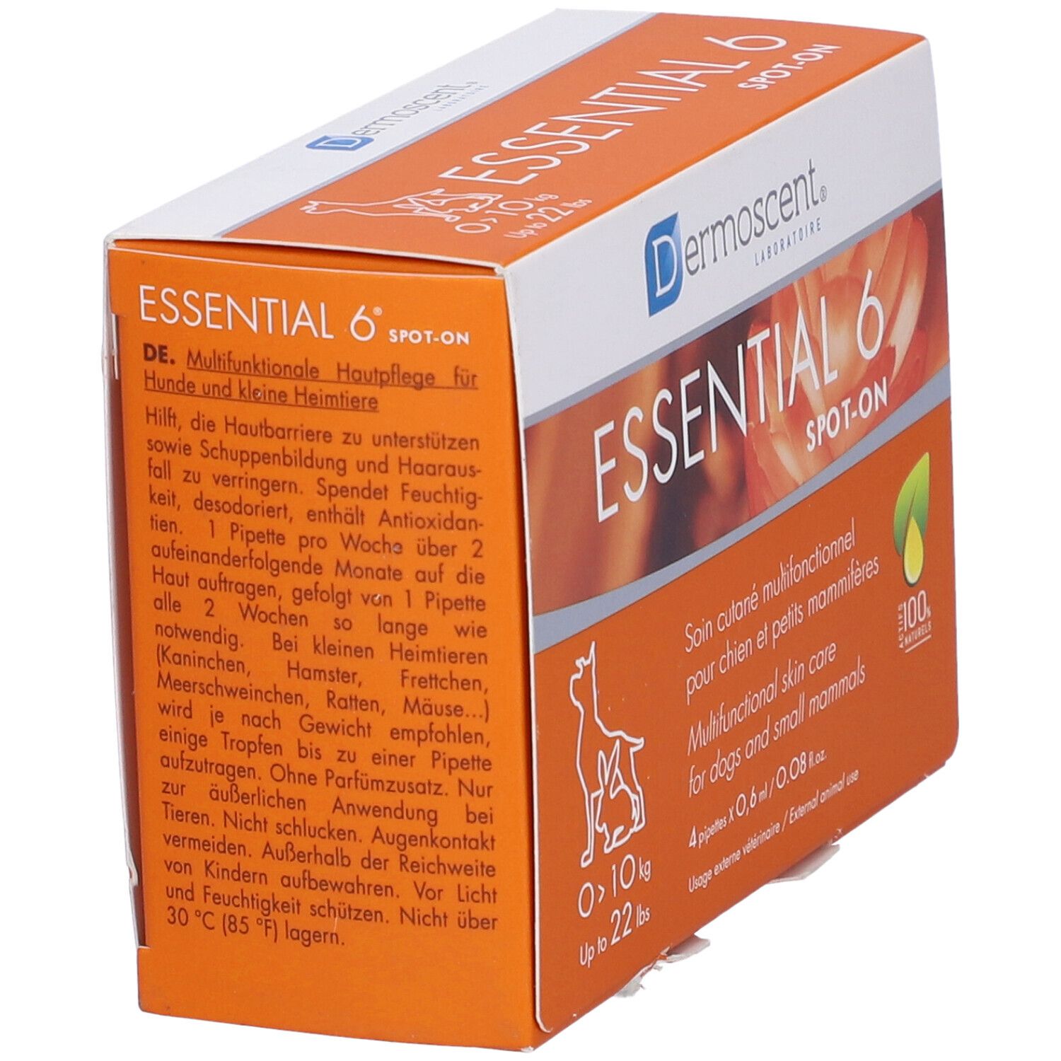 Confezione arancione Essential 6 Spot-On in diagonale. Testo: Dermoscent, Essential 6, per cani e piccoli mammiferi. Contiene 4 pipette.