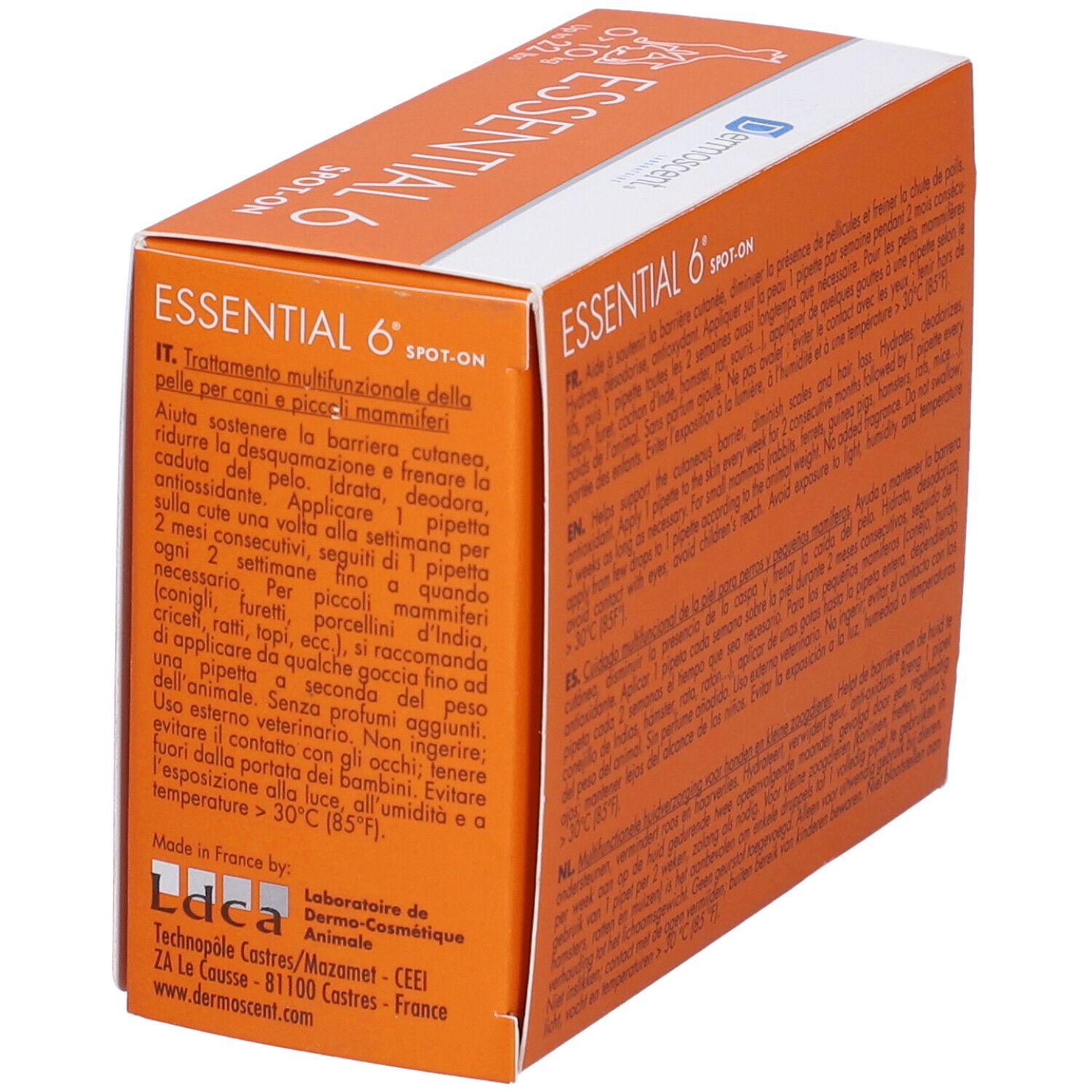 Lato della confezione arancione Essential 6 Spot-On. Testo multilingue. Marchio: Dermoscent. Prodotto in Francia.