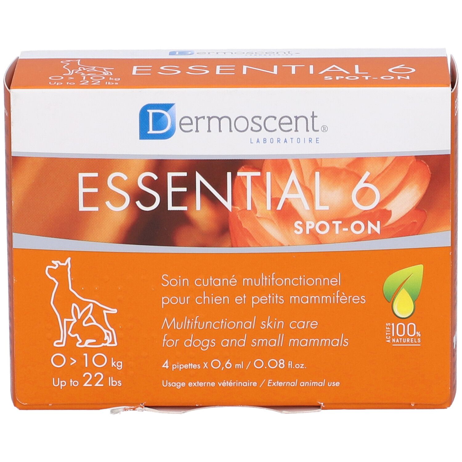 Confezione arancione di Essential 6 Spot-On. Contiene 4 pipette. Testo: Dermoscent, Essential 6, per cani e piccoli mammiferi.