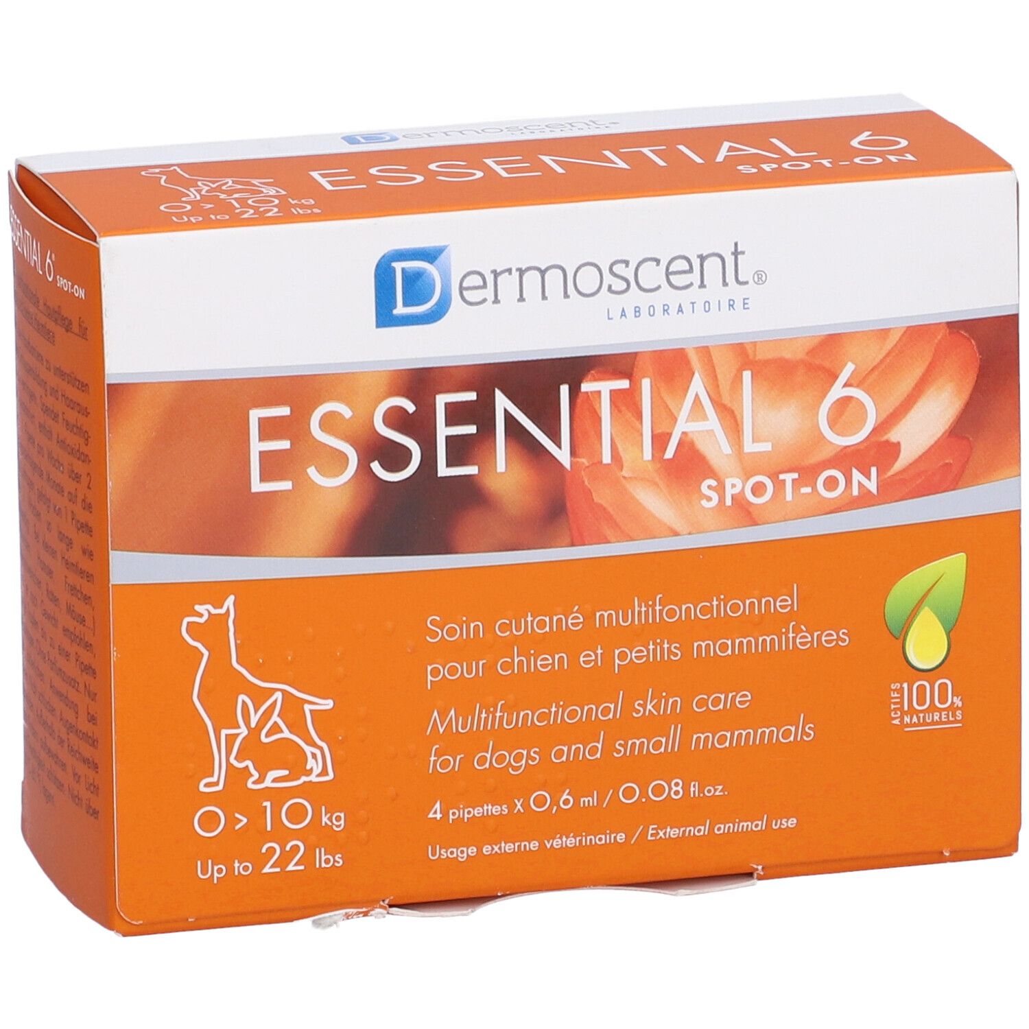 Confezione arancione di Essential 6 Spot-On. Contiene 4 pipette. Testo: Dermoscent, Essential 6, per cani e piccoli mammiferi.