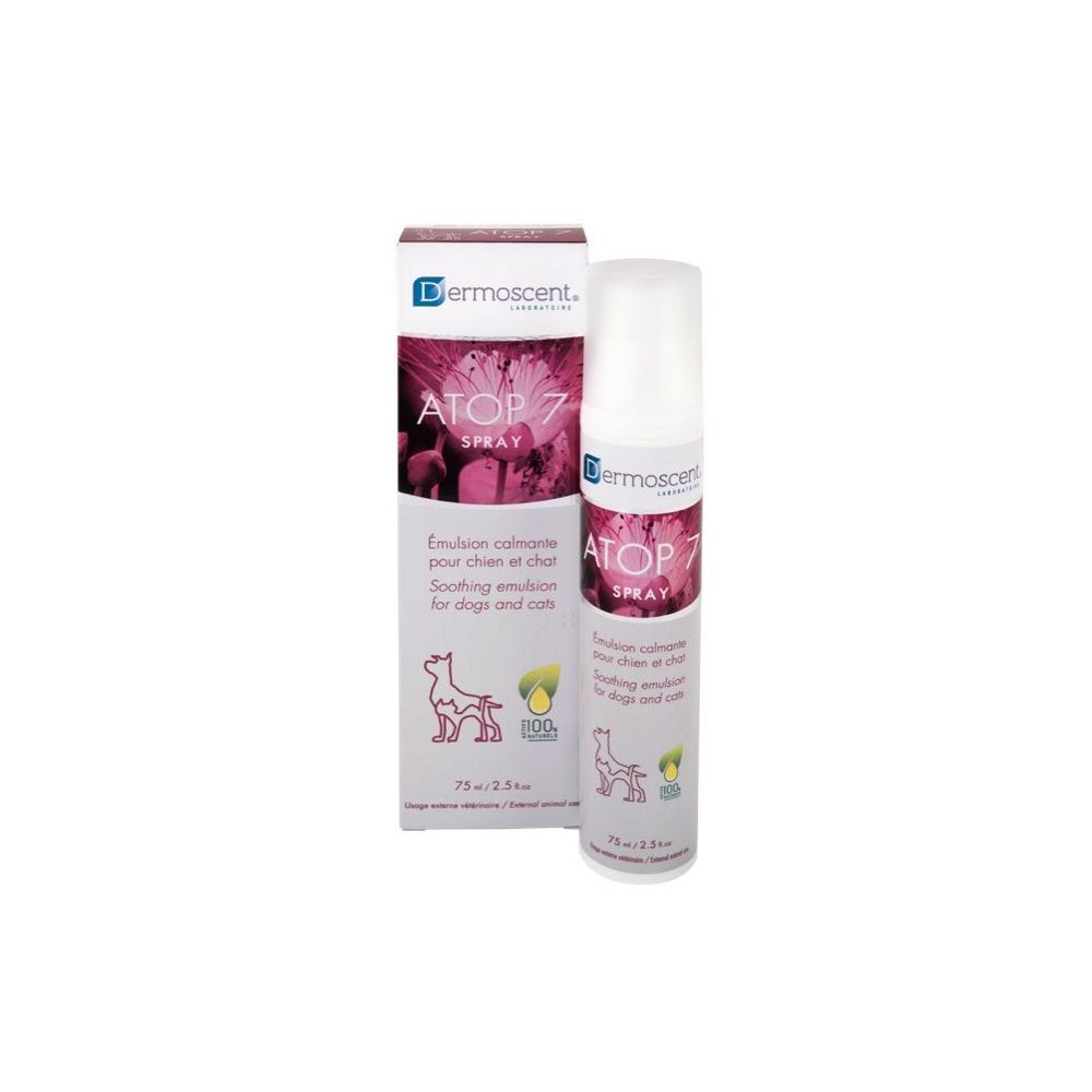 Spray e confezione. Scritta ATOP 7 SPRAY. Per cani e gatti. Marchio Dermoscent.