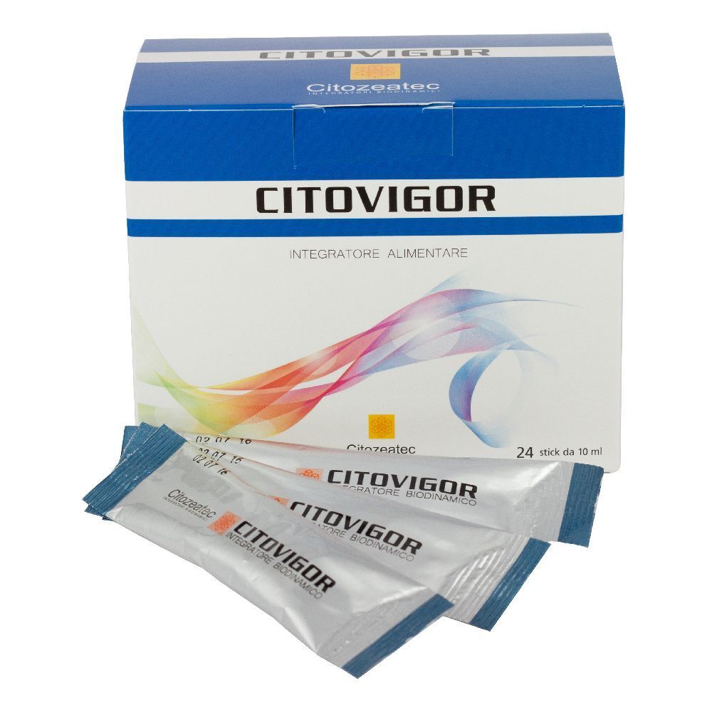 Confezione di Citozeatec CITOVIGOR con 24 stick. Tre stick davanti alla confezione.
