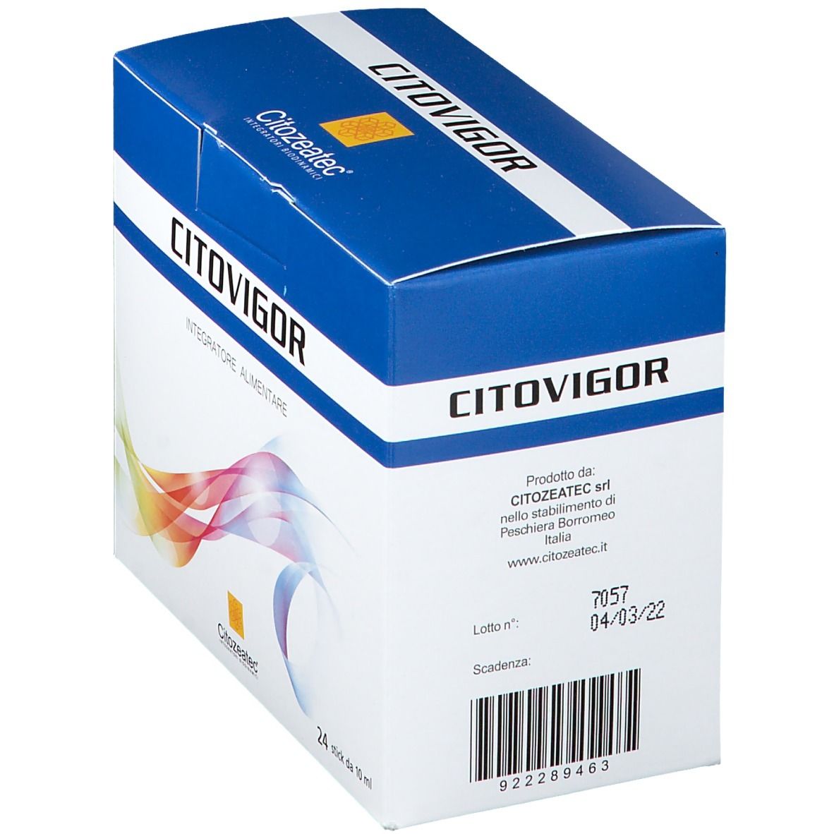 Confezione Citozeatec CITOVIGOR. Scatola blu e bianca con nome e logo del prodotto.