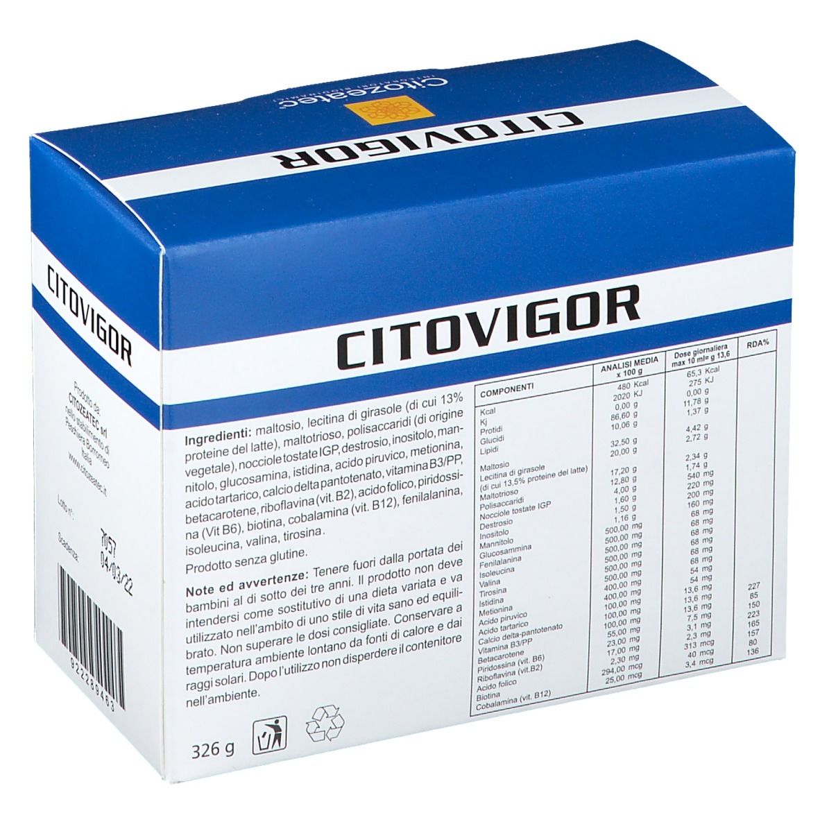 Confezione Citozeatec CITOVIGOR. Scatola blu e bianca con informazioni e tabella nutrizionale.