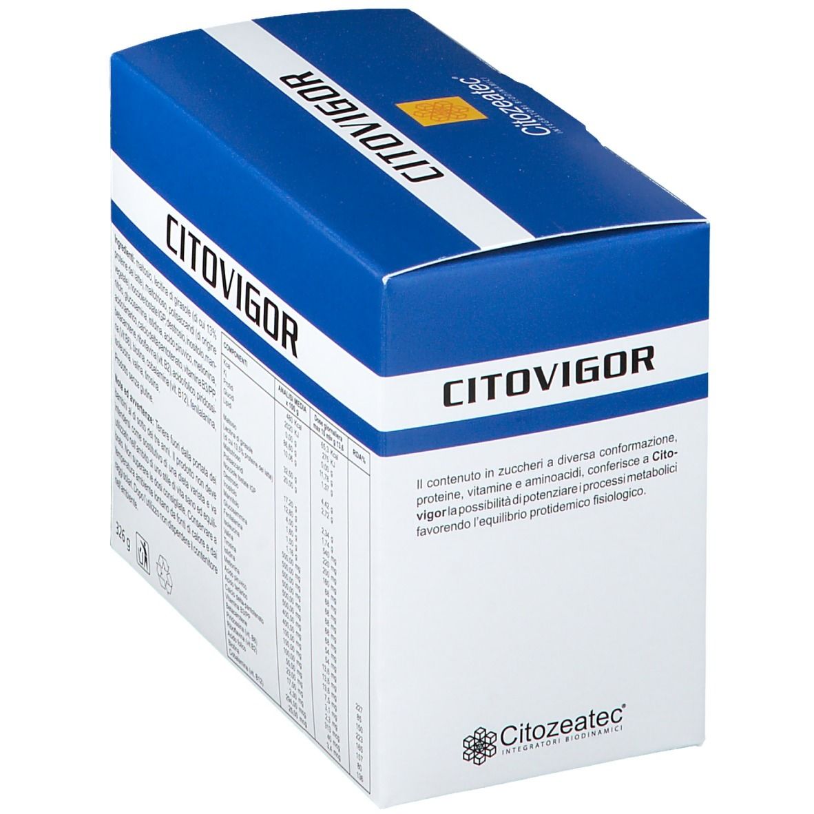 Confezione Citozeatec CITOVIGOR. Scatola blu e bianca con informazioni e tabella nutrizionale.