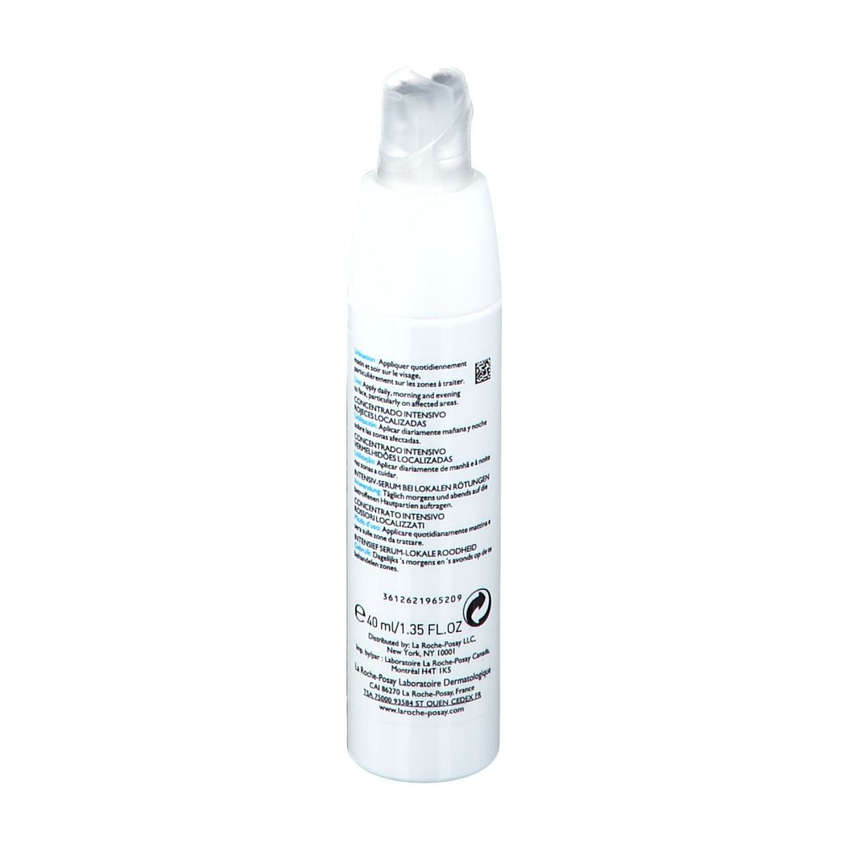 Rückseite der weißen Flasche. Text in mehreren Sprachen. Volumen: 40 ml.