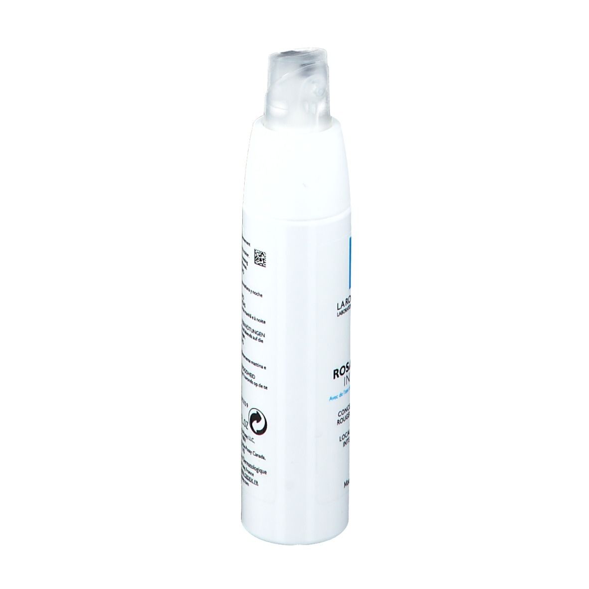 Seite der weißen Flasche. Text in mehreren Sprachen. Volumen: 40 ml.
