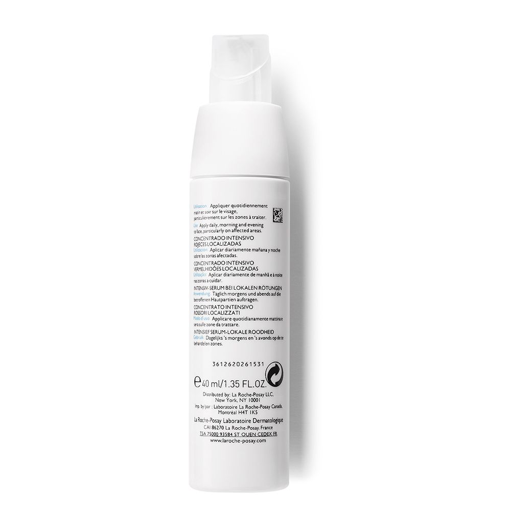 Rückseite der weißen Flasche. Text in mehreren Sprachen. Volumen: 40 ml.