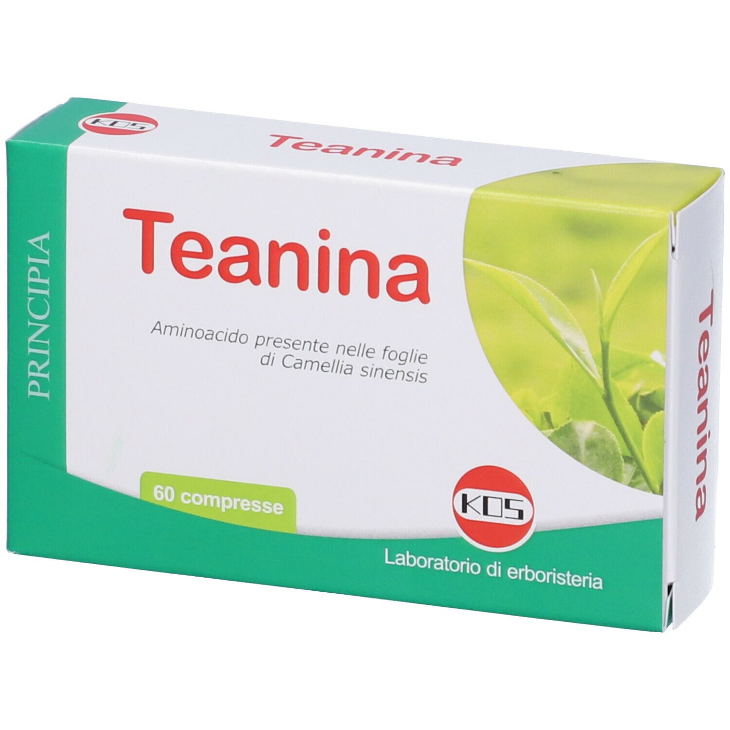 Scatola di compresse "Teanina". Scritta "60 compresse". Confezione verde e bianca con logo.