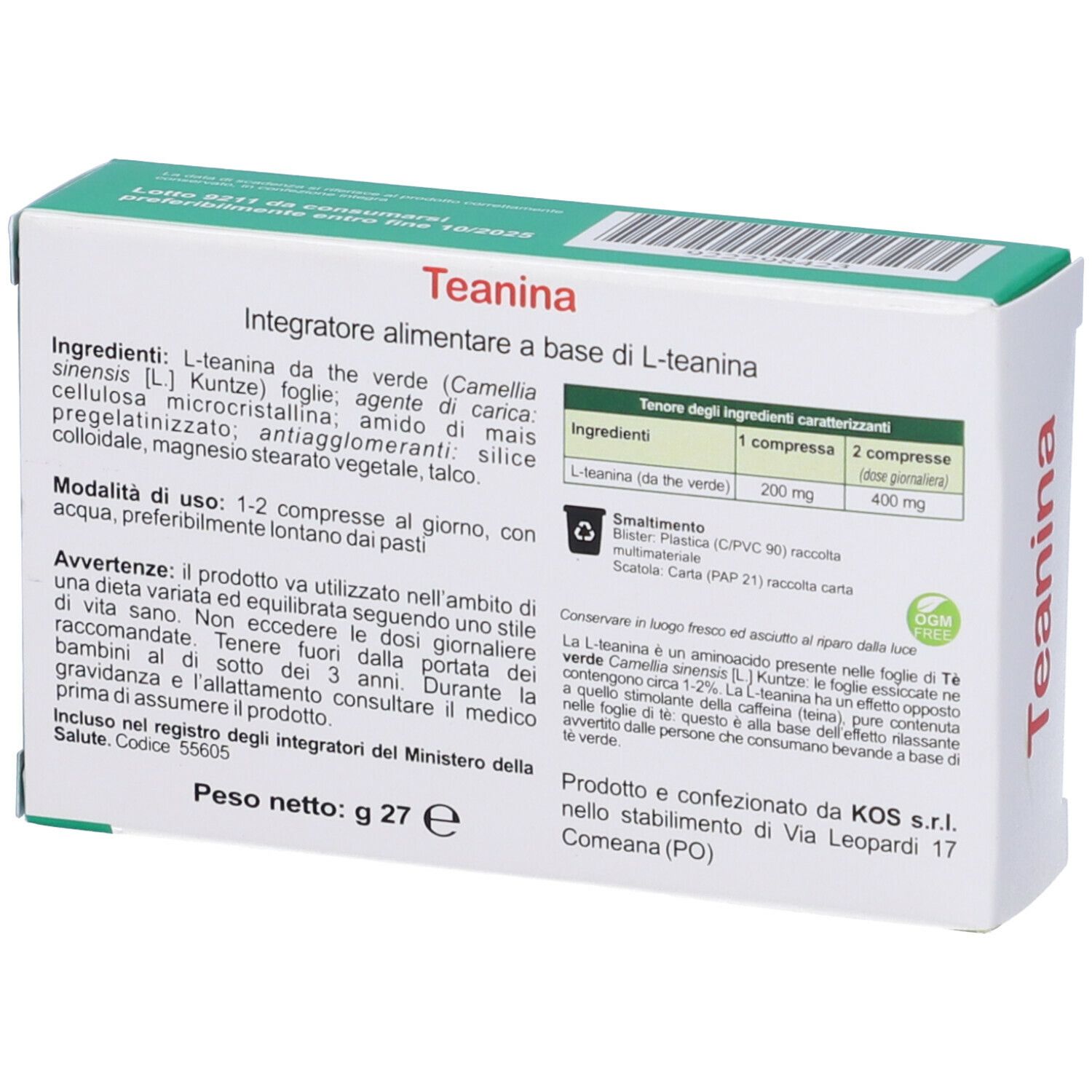 Retro della scatola "Teanina". Testo sugli ingredienti e l'uso. Confezione verde e bianca.
