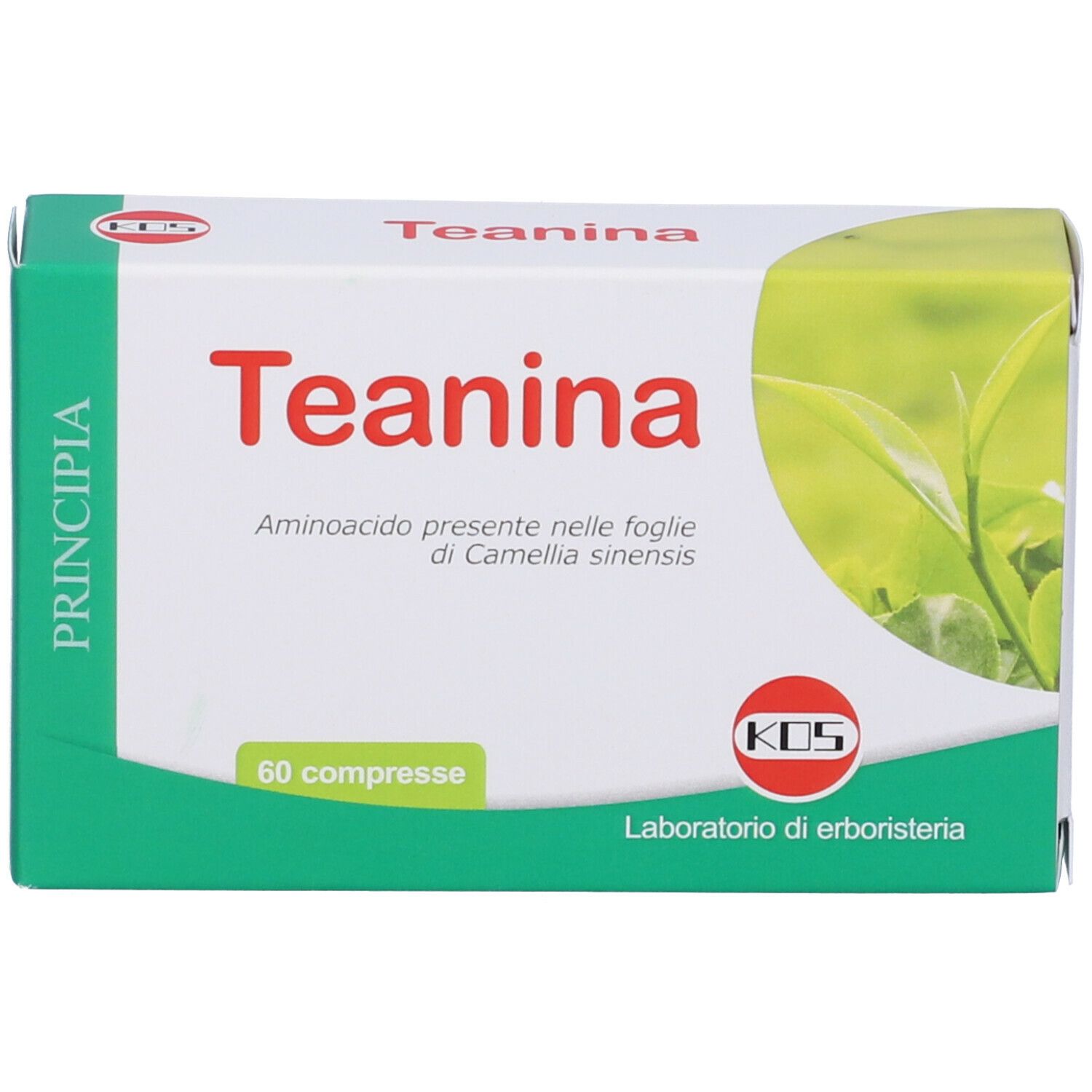 Scatola di compresse "Teanina". Scritta "60 compresse". Confezione verde e bianca con logo.
