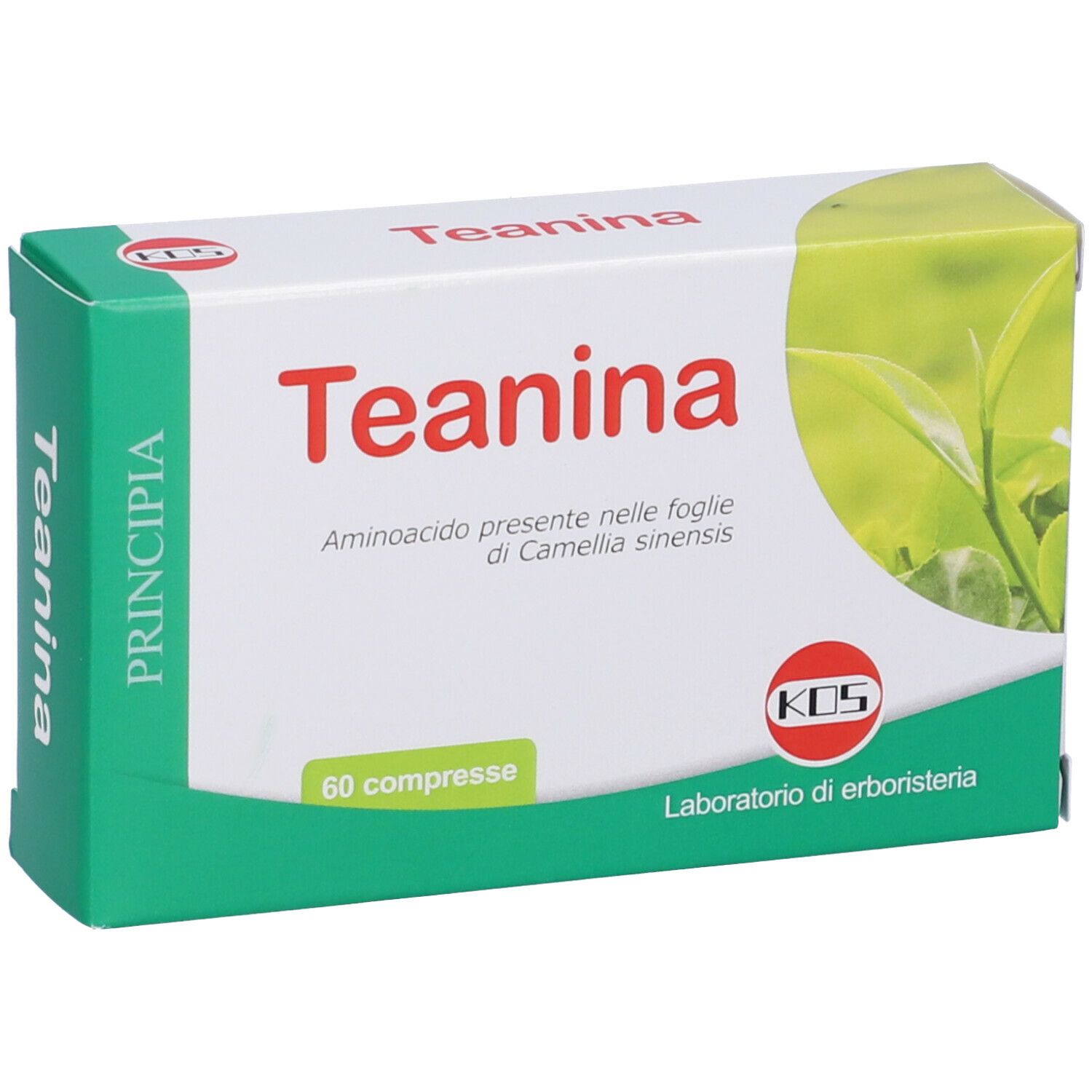 Scatola di compresse "Teanina". Scritta "60 compresse". Confezione verde e bianca con logo.