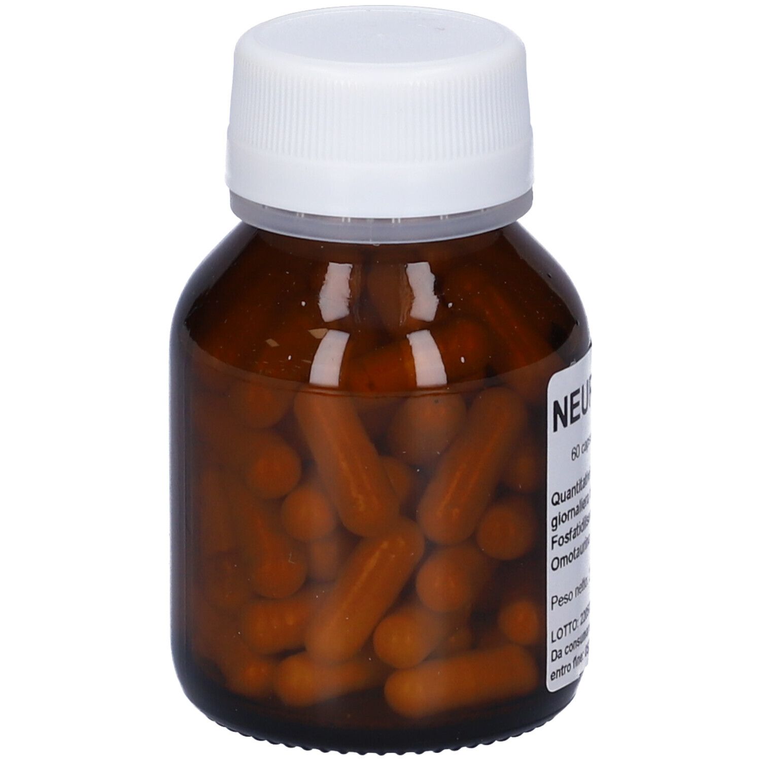 Capsule marroni in un flacone di vetro marrone con tappo bianco. Etichetta con testo.