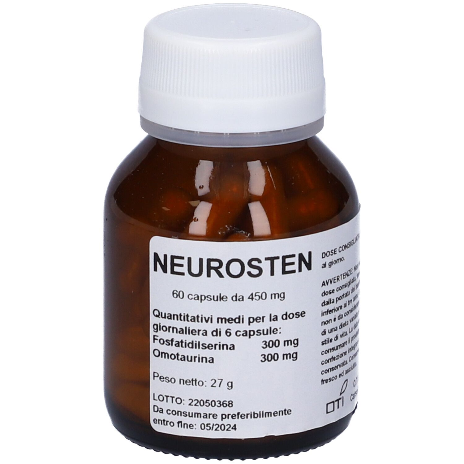 Capsule marroni in un flacone di vetro marrone con tappo bianco. Etichetta con testo: Neurosten.