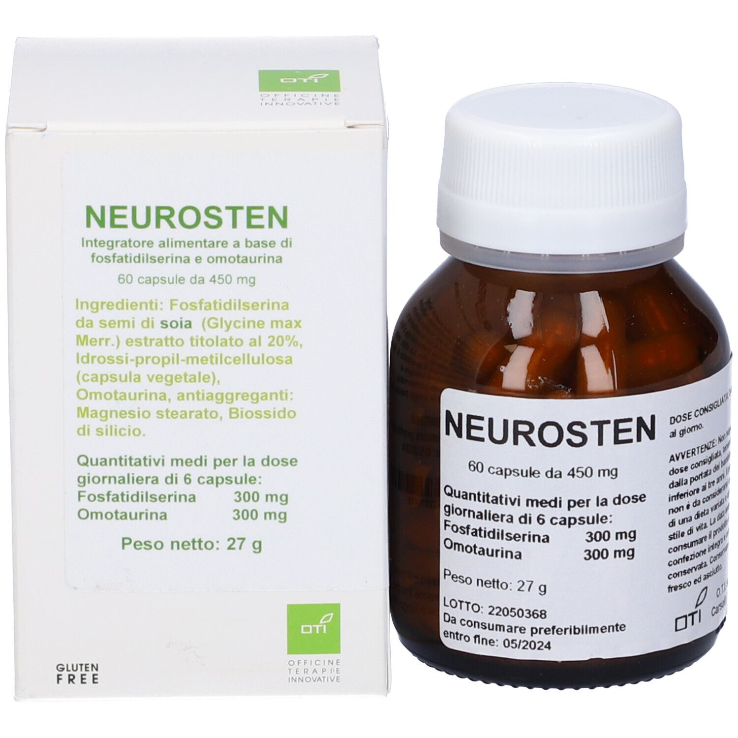 Confezione del prodotto con flacone e scatola. Sulla scatola c'è scritto Neurosten. Senza glutine.
