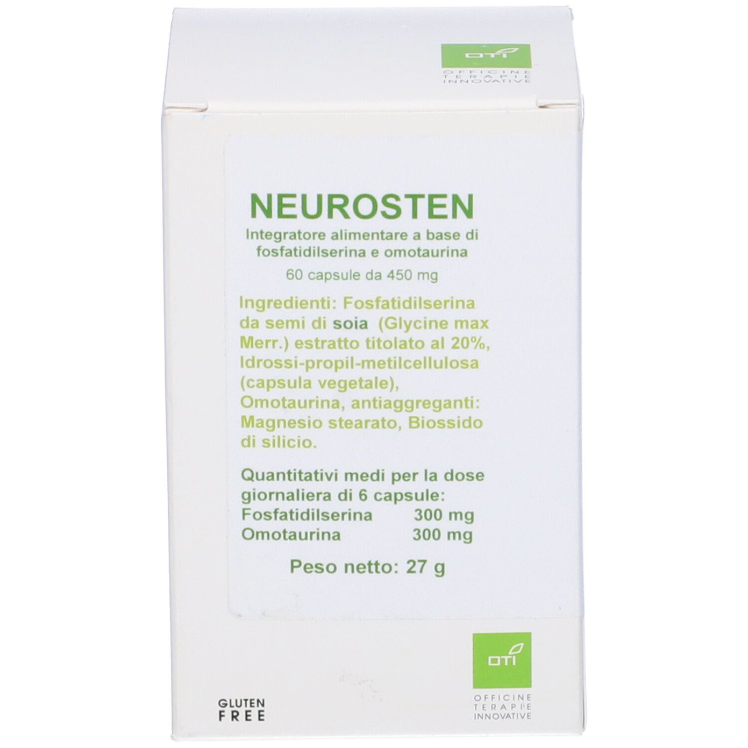 Scatola bianca con testo: Neurosten. Senza glutine. Logo in alto.