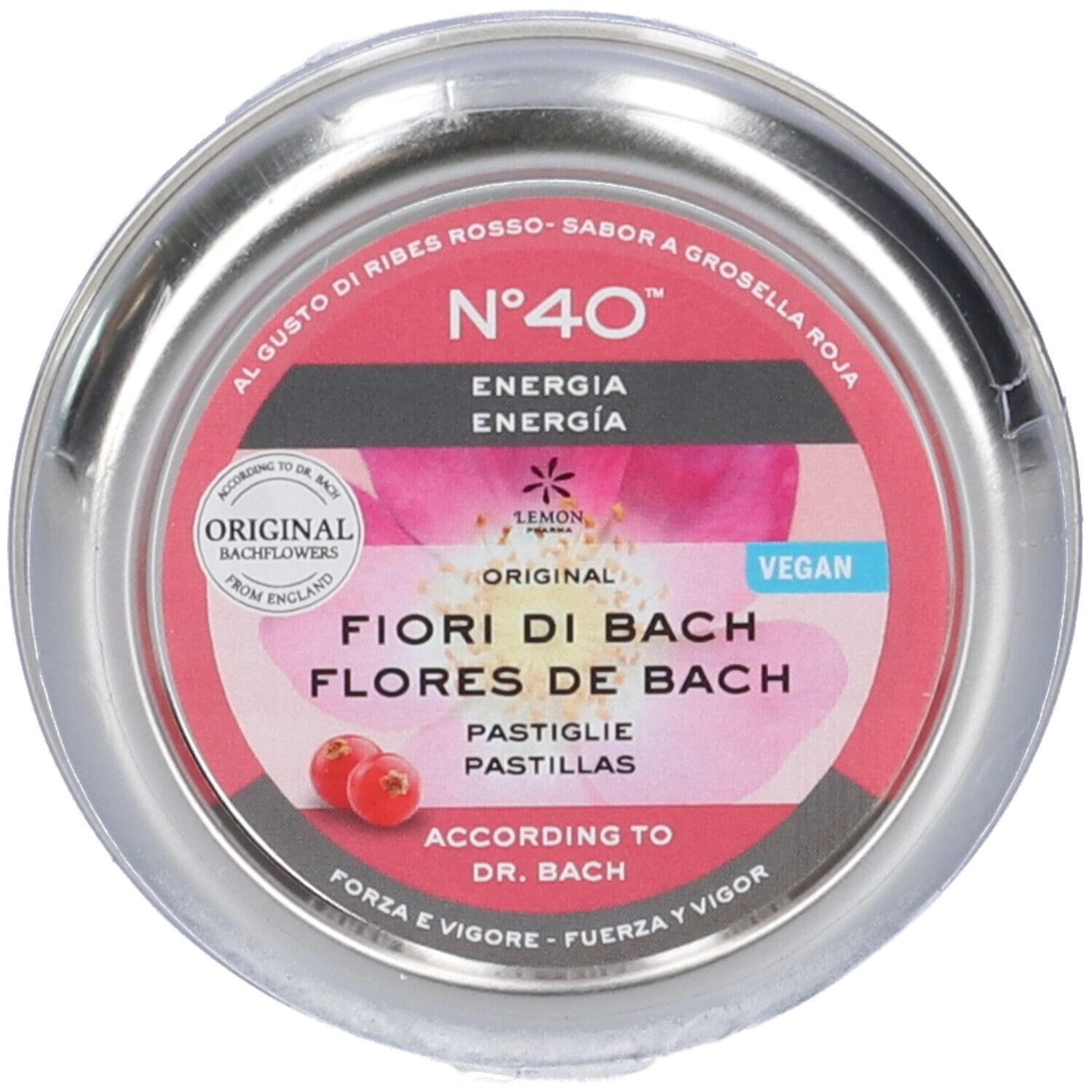 Scatola di pastiglie, vista dall'alto. Scritta: Fiori di Bach, Energia, Ribes Rosso. Vegano. Logo Lemon Pharma.