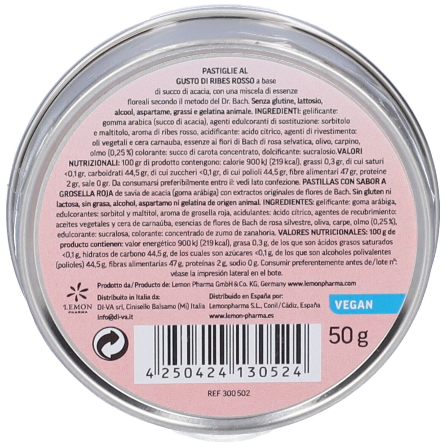 Retro della scatola. Scritta: Ingredienti, informazioni nutrizionali, 50g, Vegano. Logo Lemon Pharma.